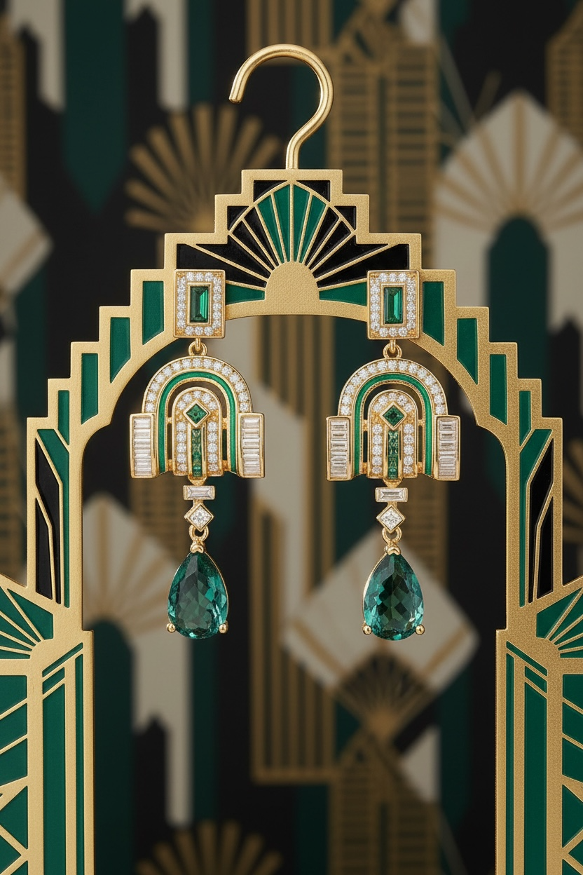 Art Deco-style earrings with emerald green gemstones on a decorative stand.