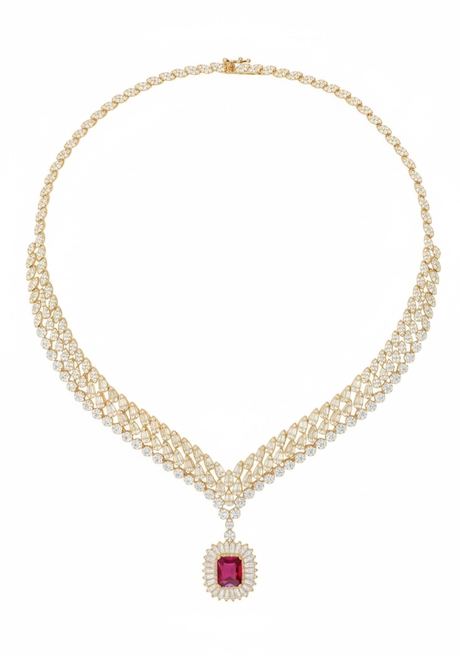 Full view showing the open box clasp and the chain of simulated diamonds leading up to it.