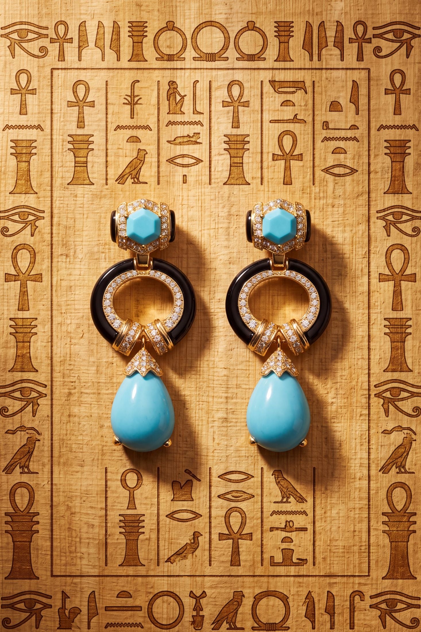 Angled view of Clara Bow Turquoise & Enamel Drop Earrings Gold, showing bow design, turquoise detailing, gold finish and the jewellery profile.