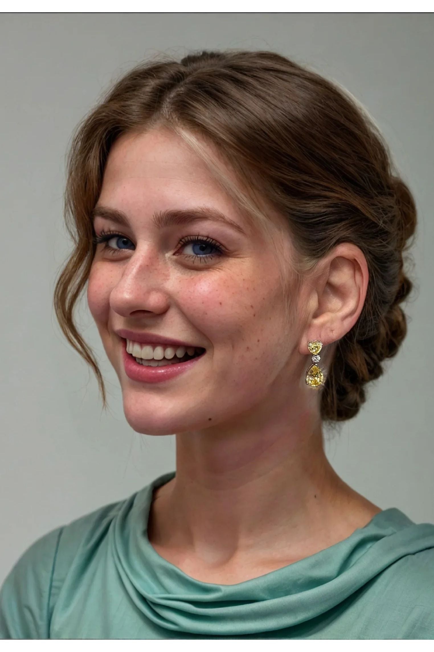 The earring worn by a model.