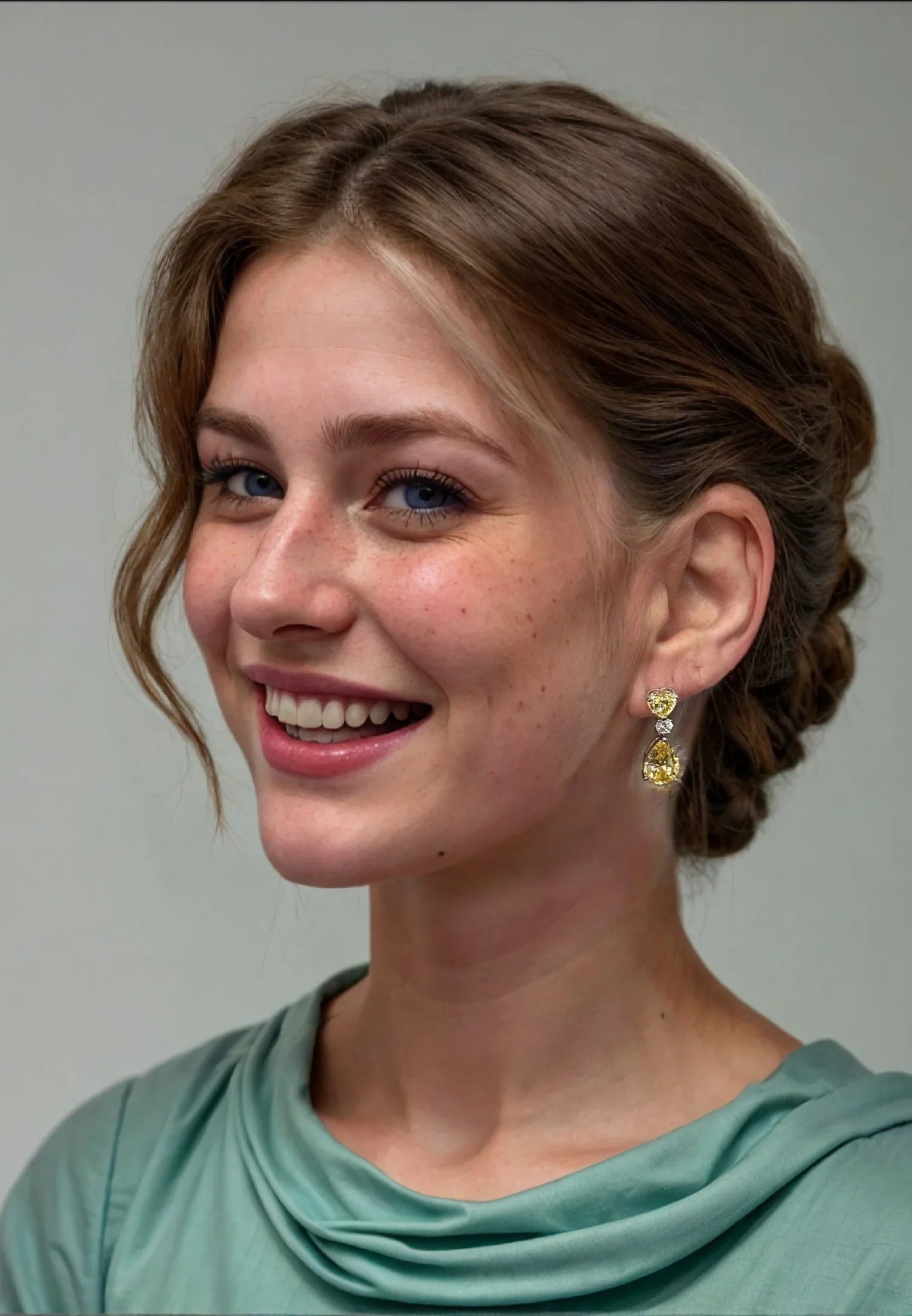 The earring worn by a model.