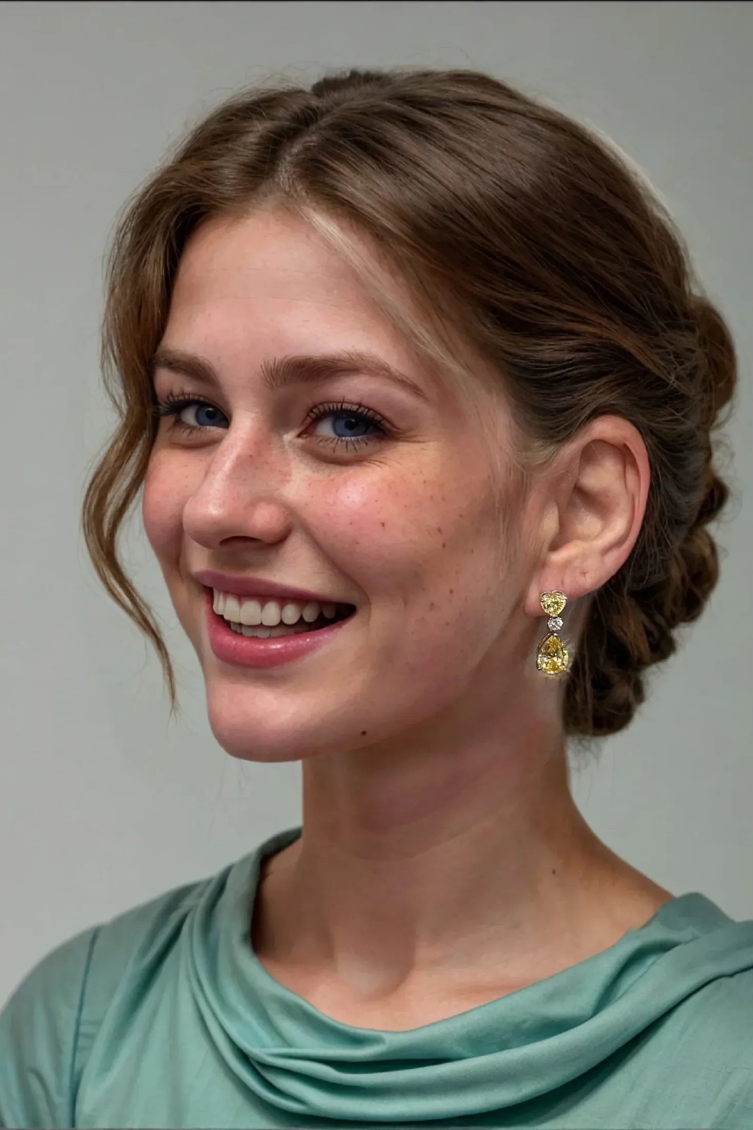 The earring worn by a model.