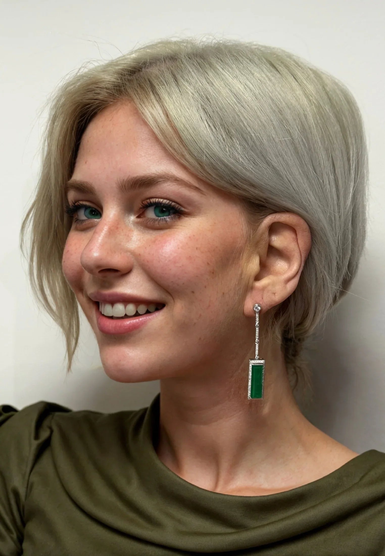 The earring worn by a model.