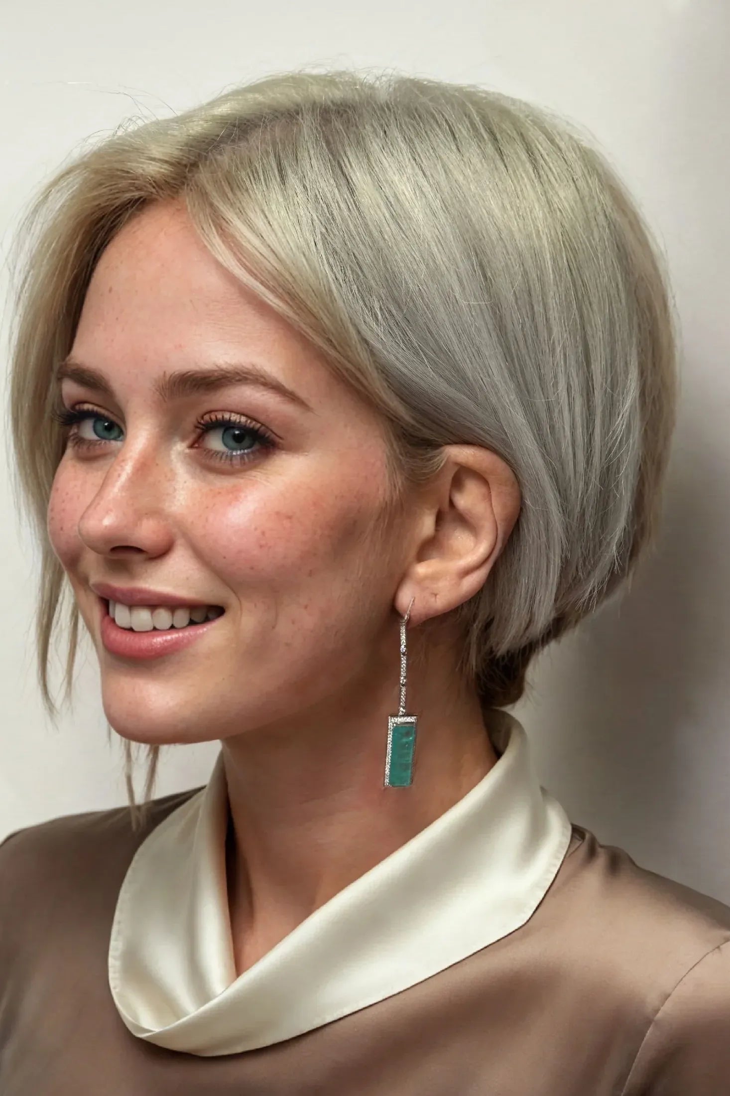 The earring worn by a model.