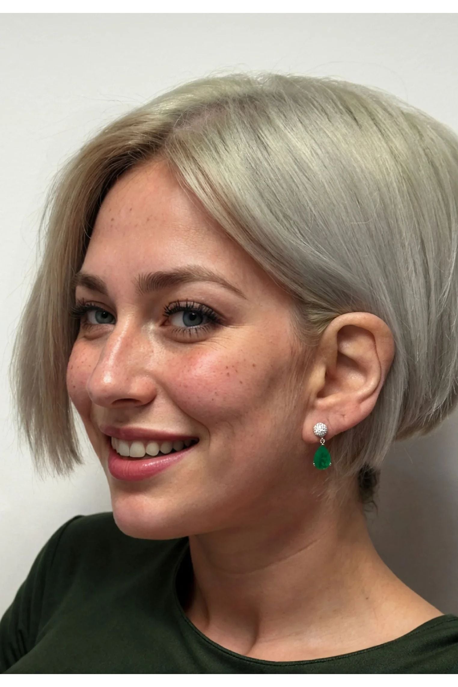 The earring worn by a model.