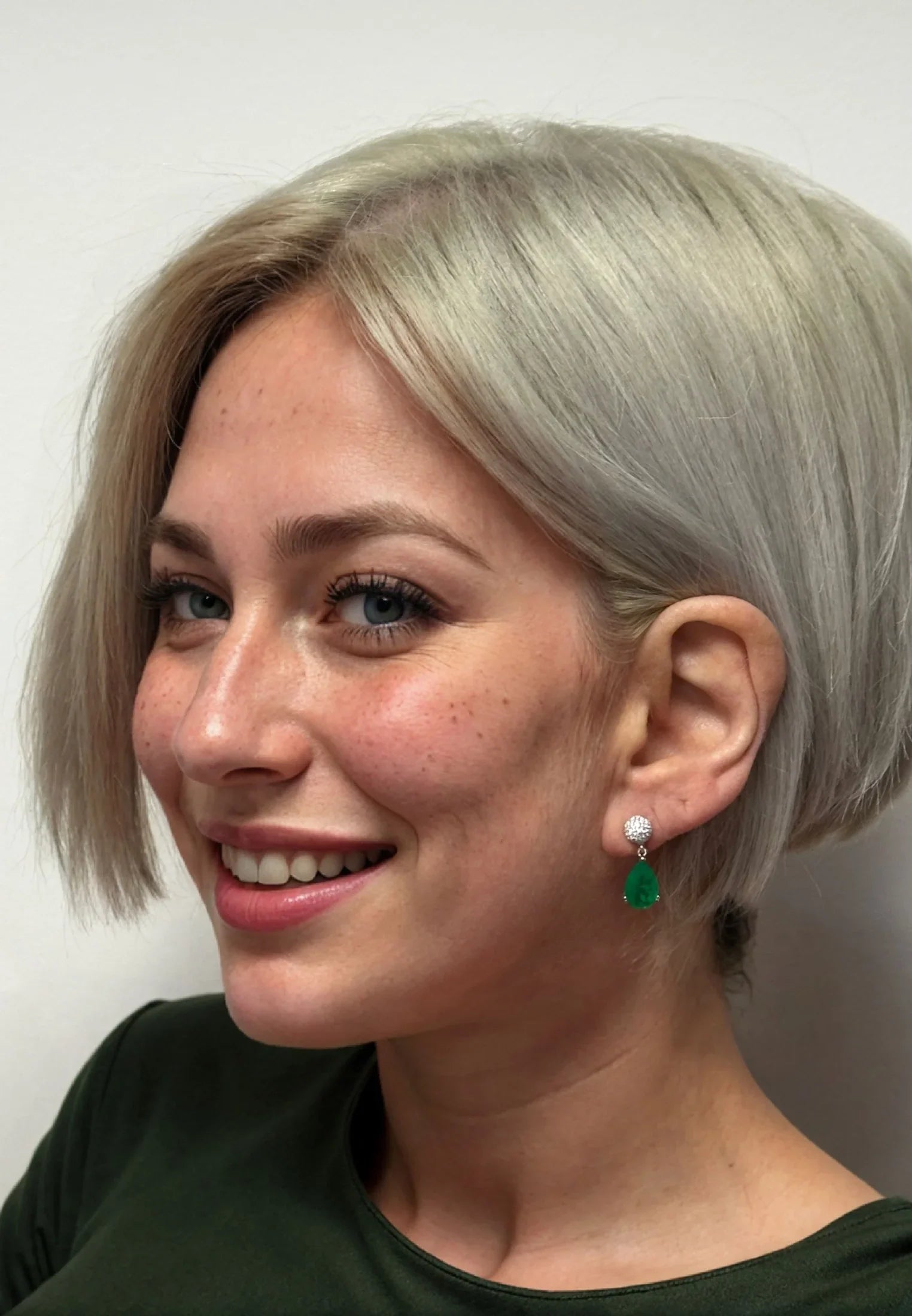 The earring worn by a model.