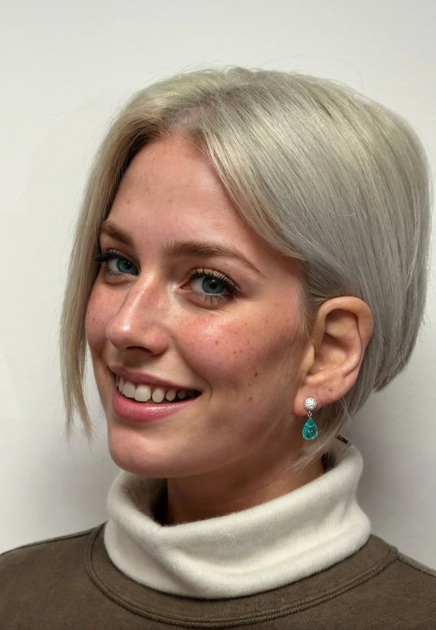 The earring worn by a model.