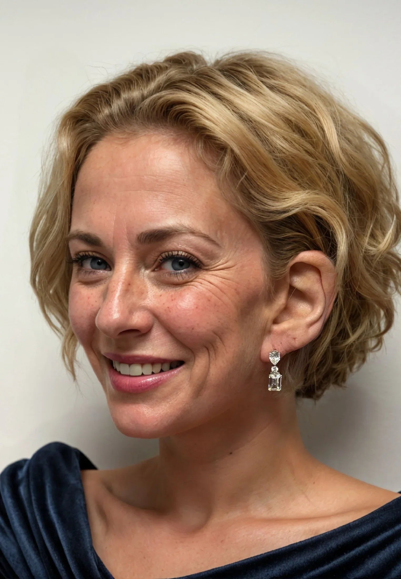 The earring worn by a model.