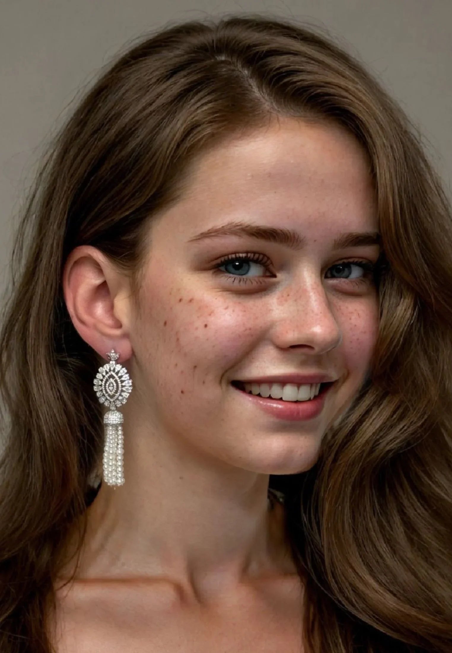 The earring worn by a model.