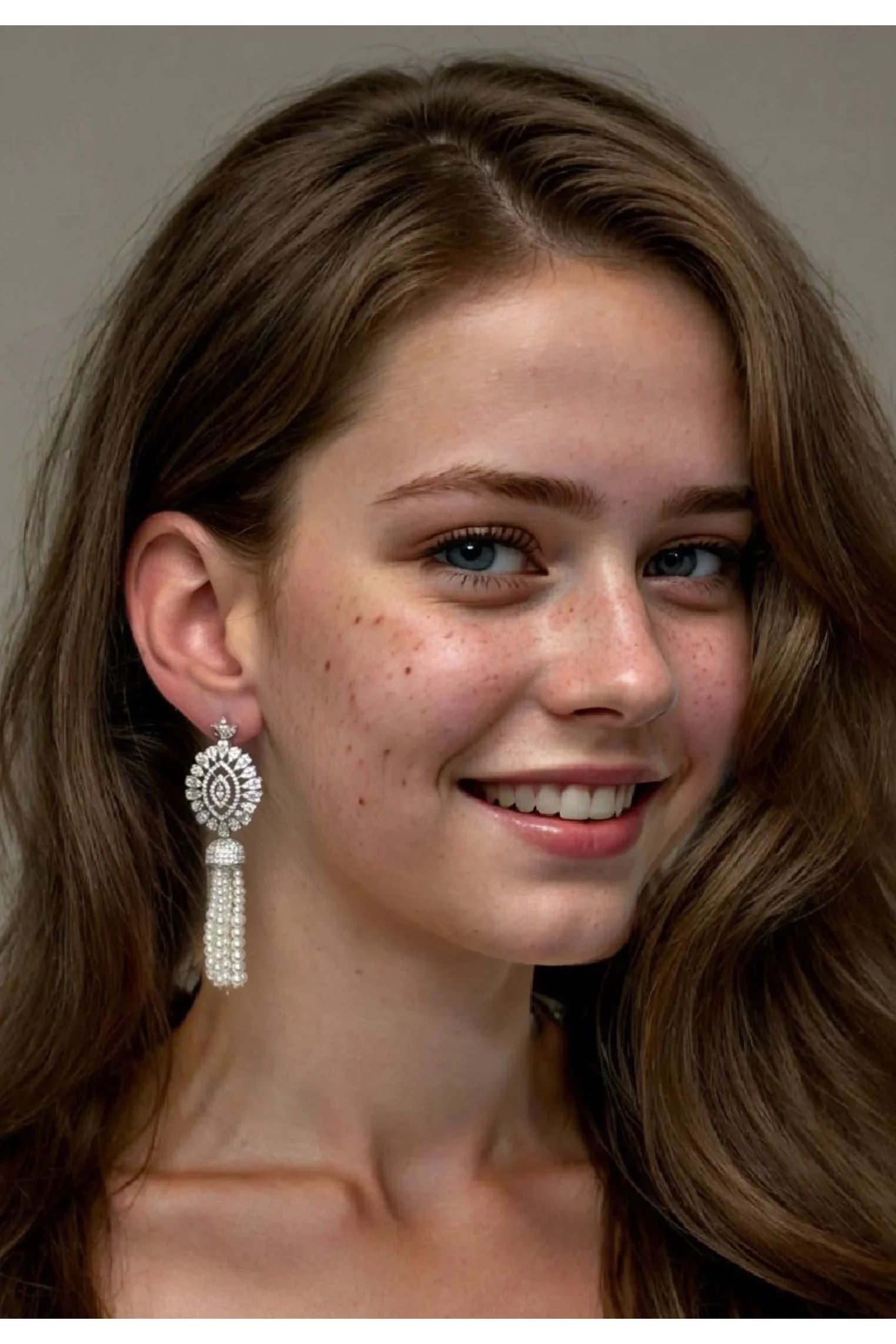 The earring worn by a model.