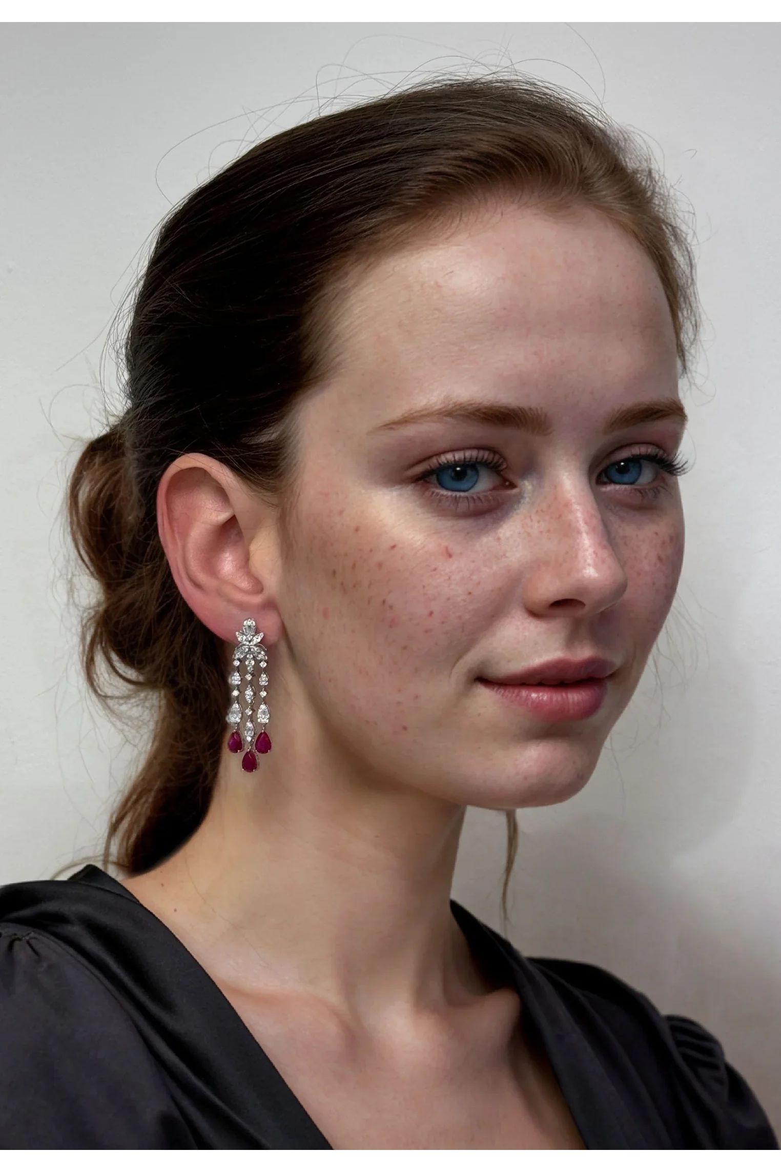The earring worn by a model.