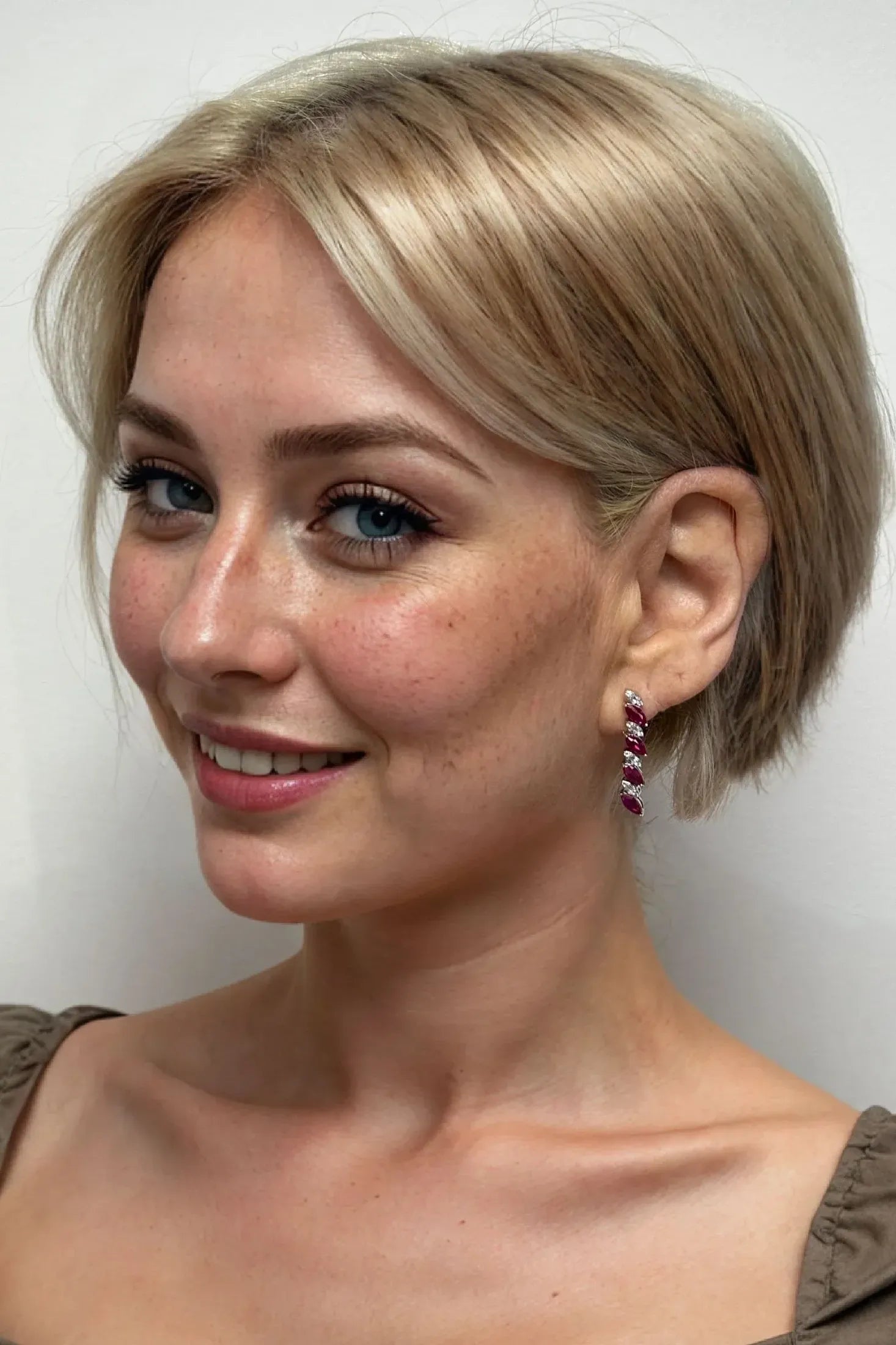 The earring worn by a model.