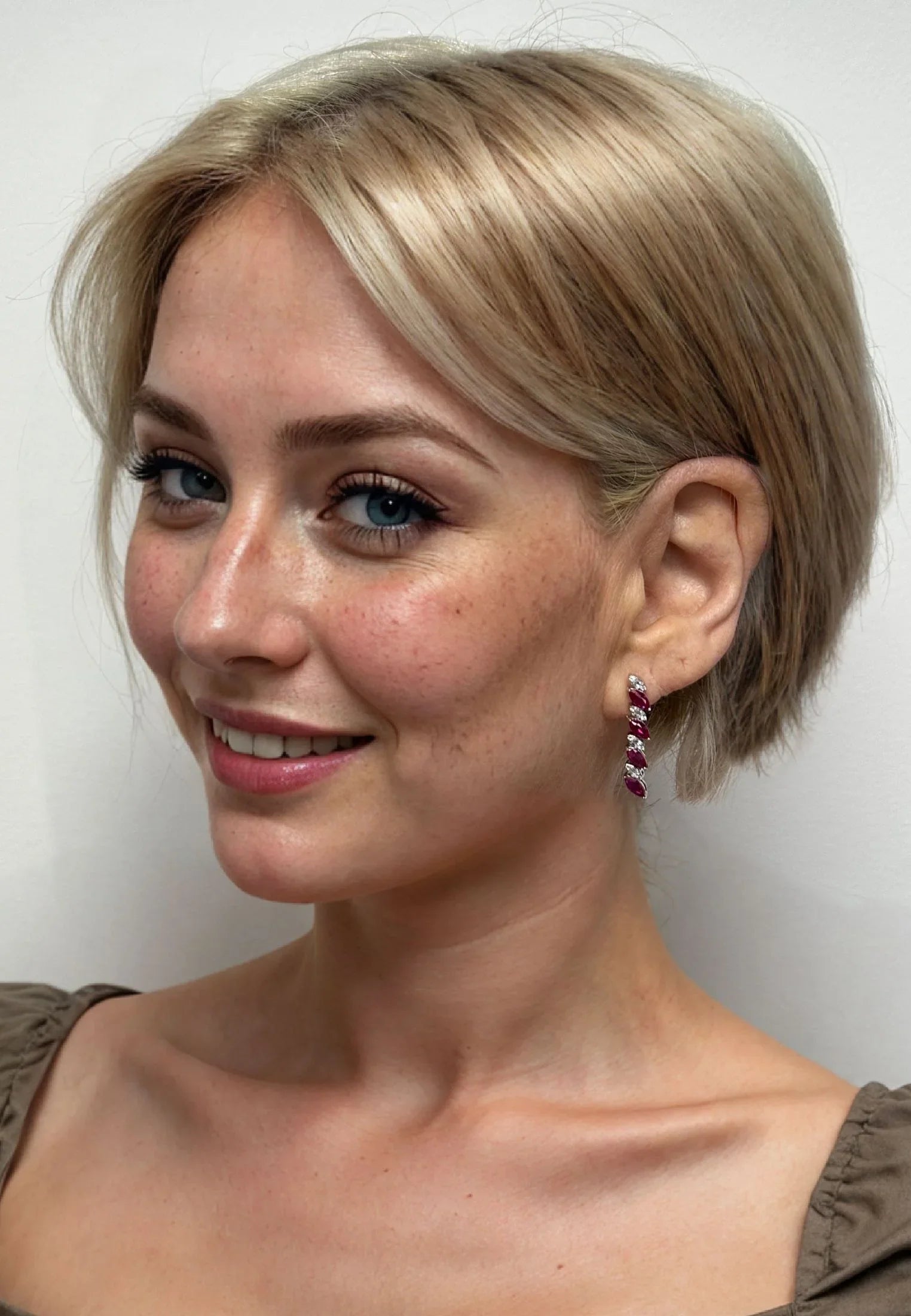 The earring worn by a model.