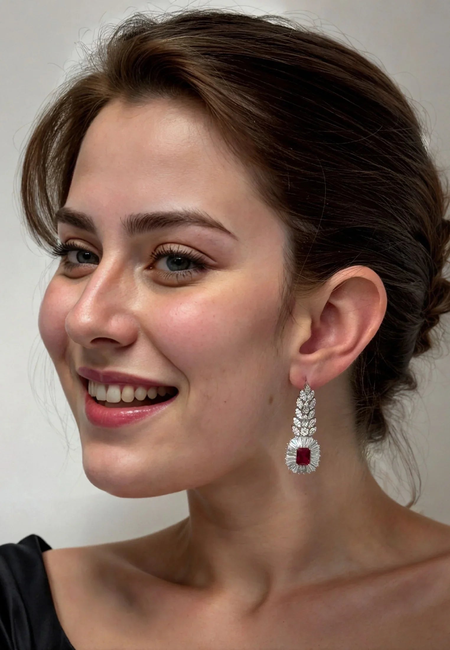 The earring worn by a model.
