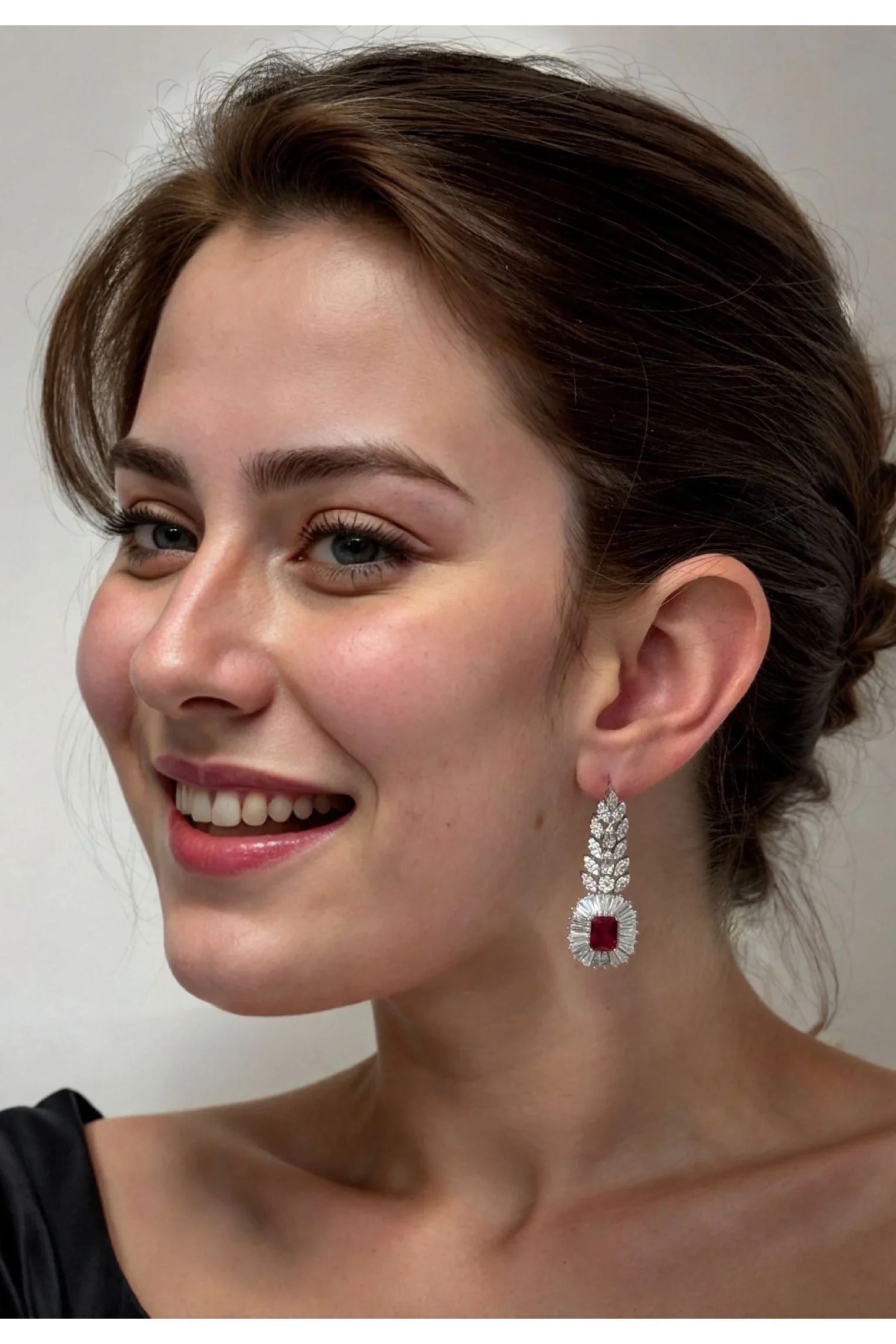 The earring worn by a model.