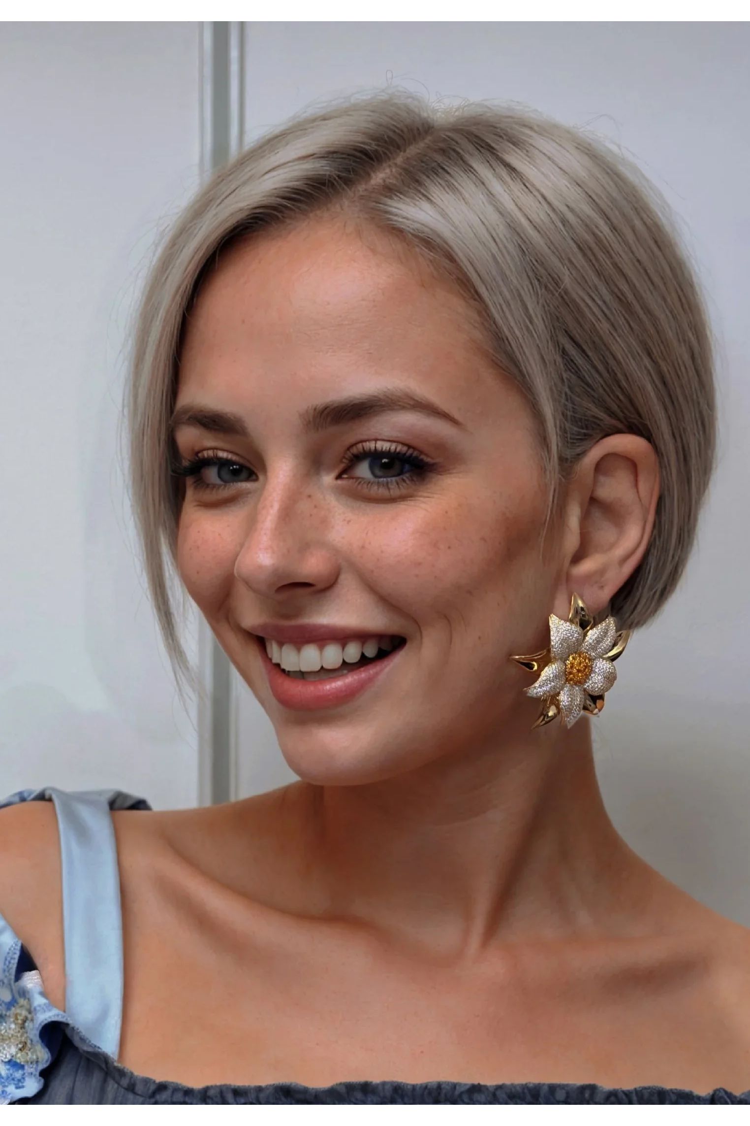 The earring worn by a model.