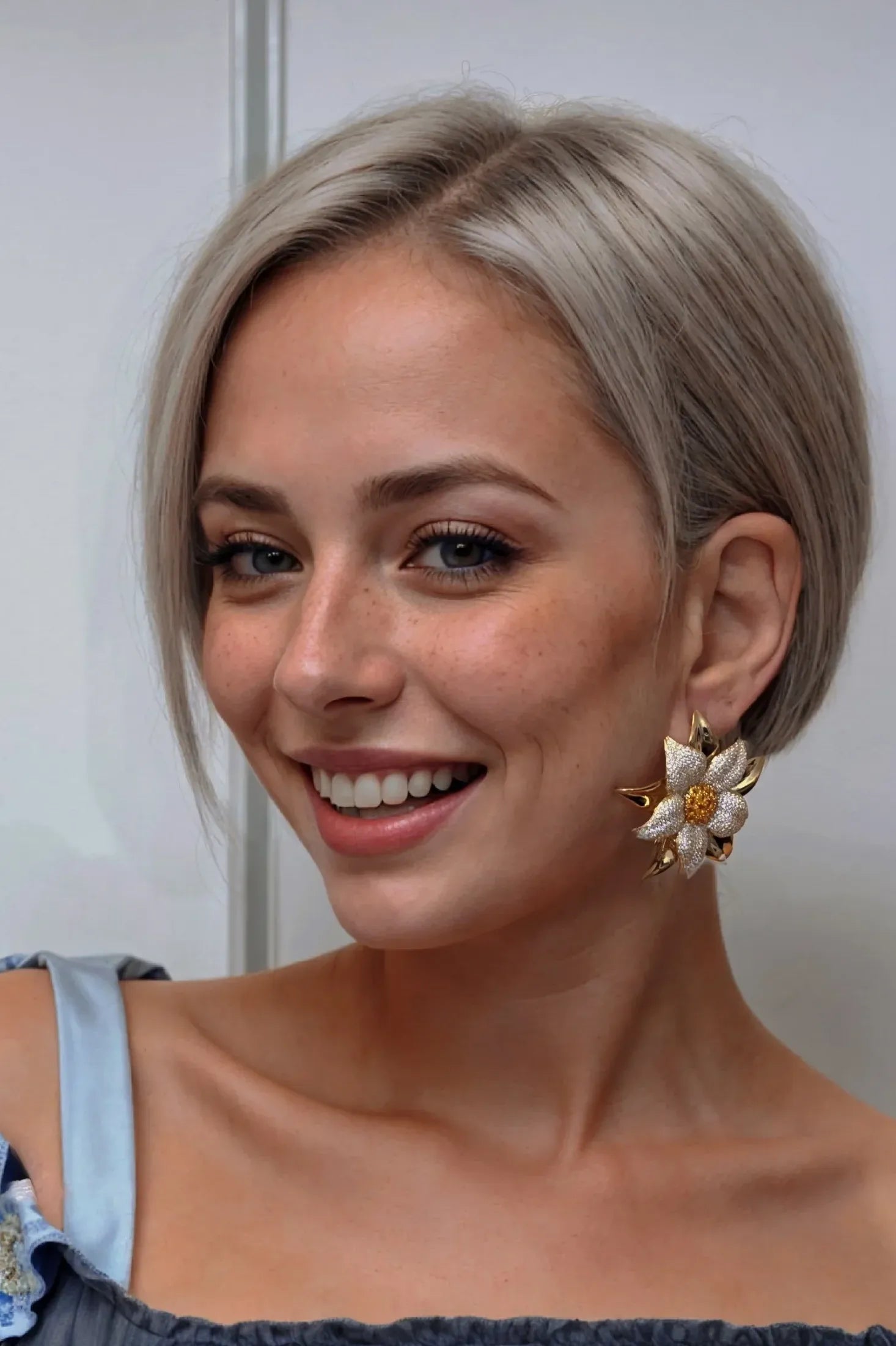 The earring worn by a model.