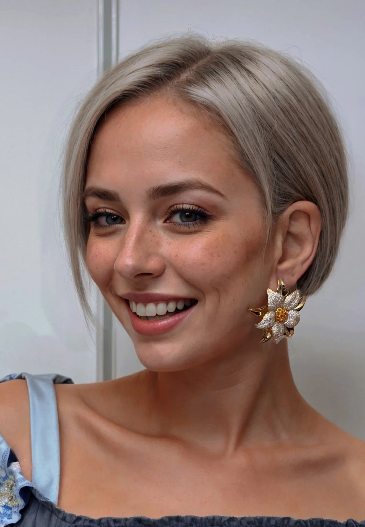 The earring worn by a model.