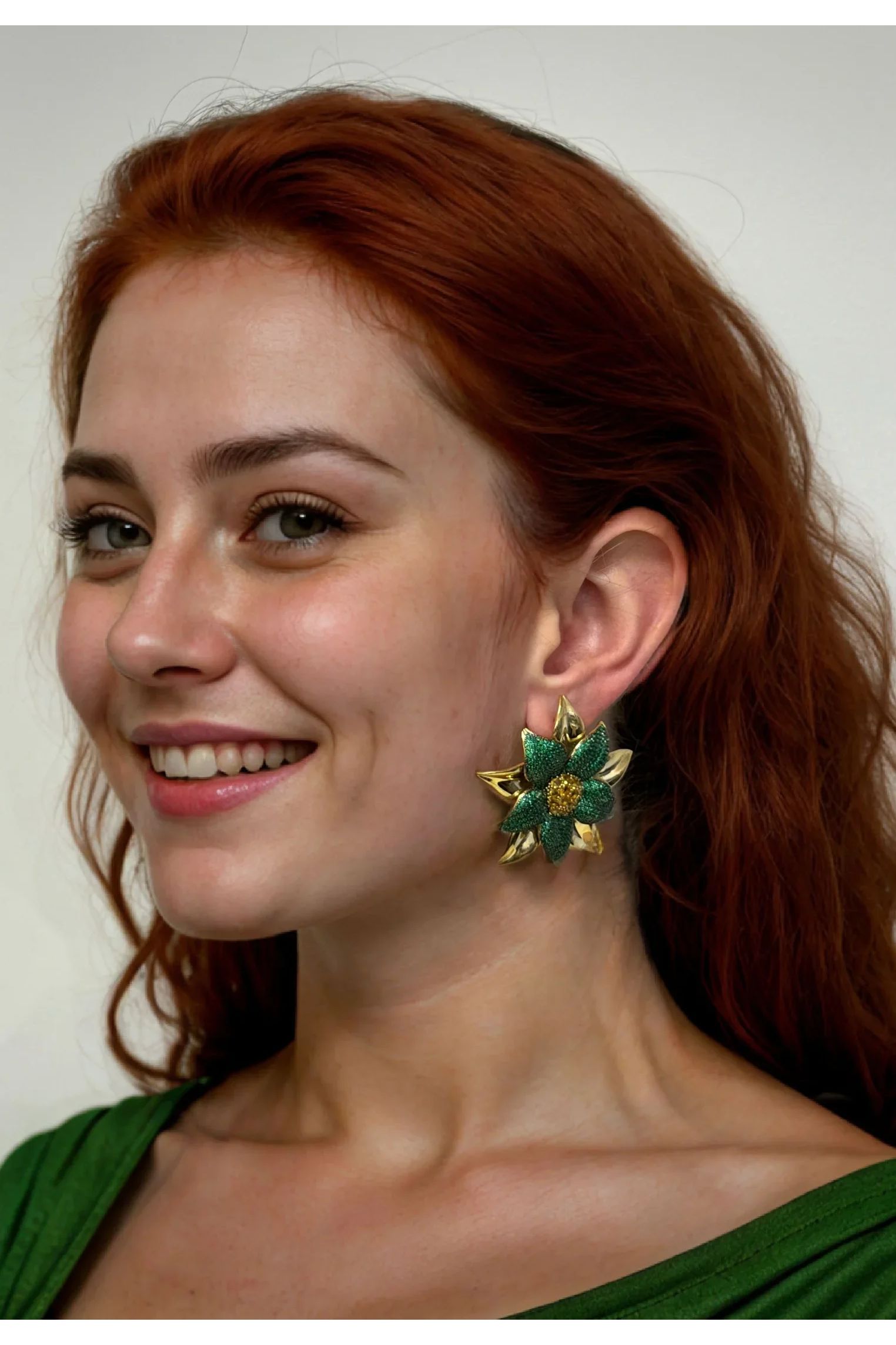 The earring worn by a model.