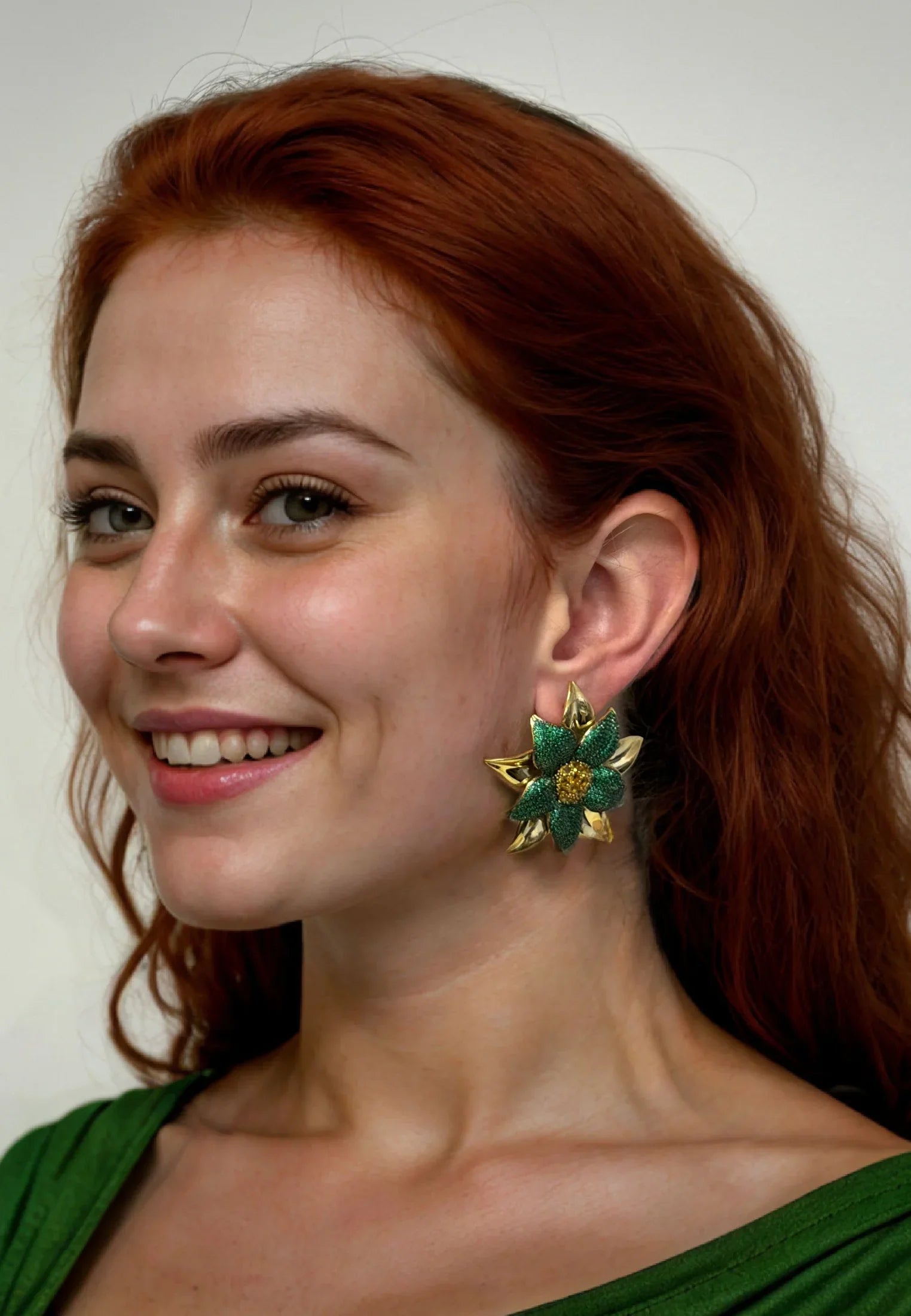 The earring worn by a model.