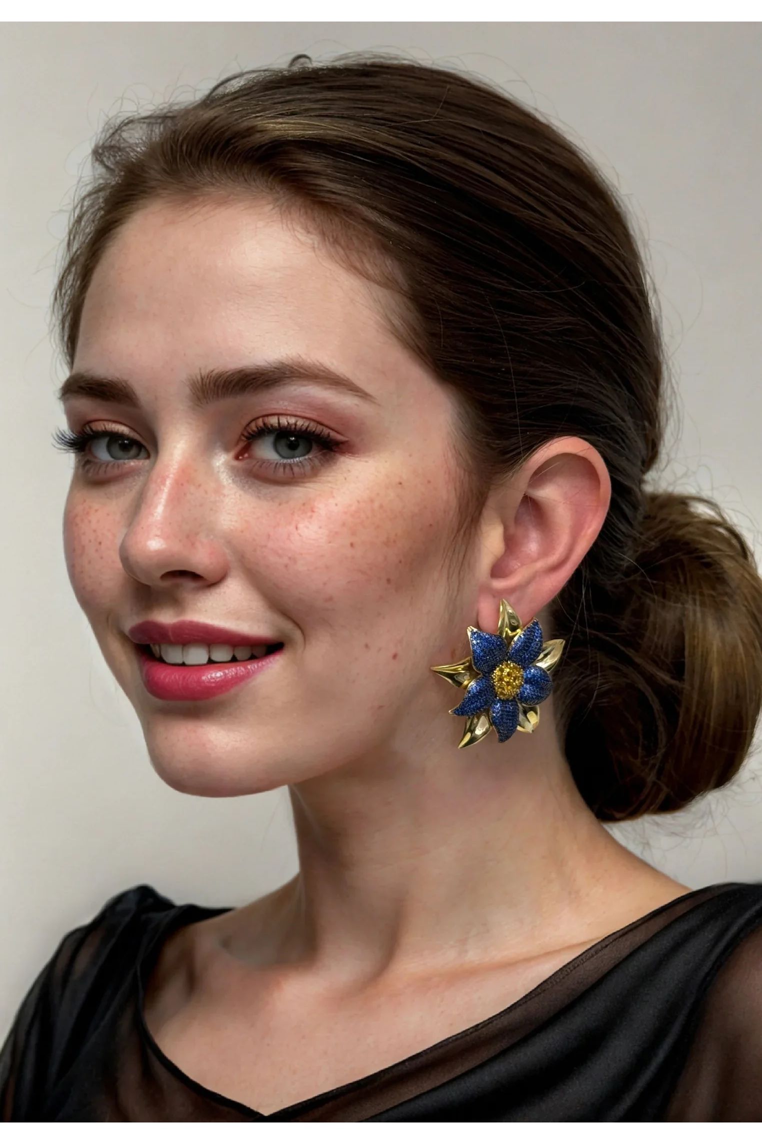 The earring worn by a model.