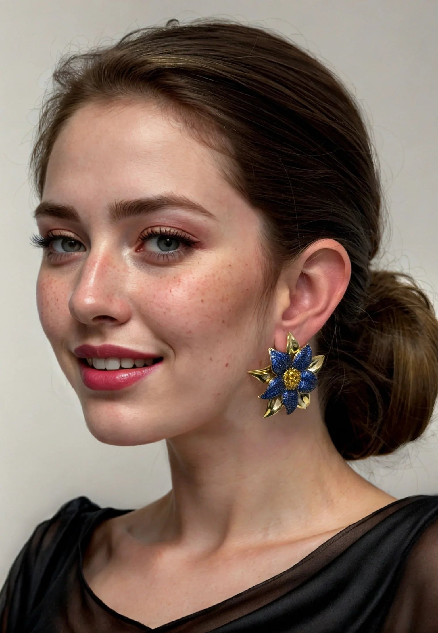 The earring worn by a model.
