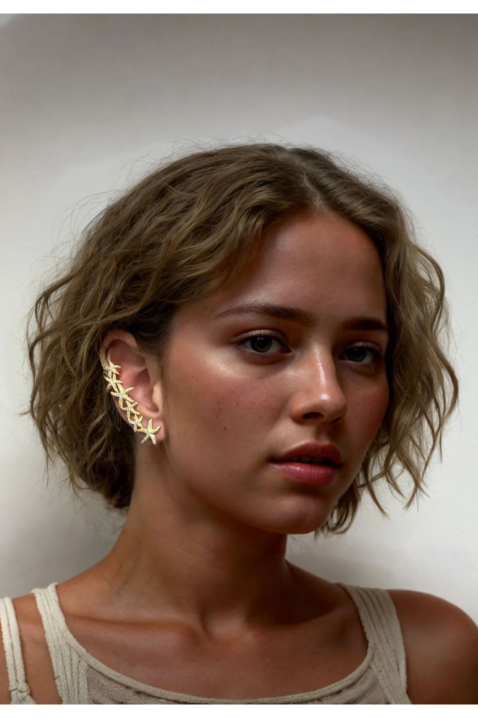 The earring worn by a model.