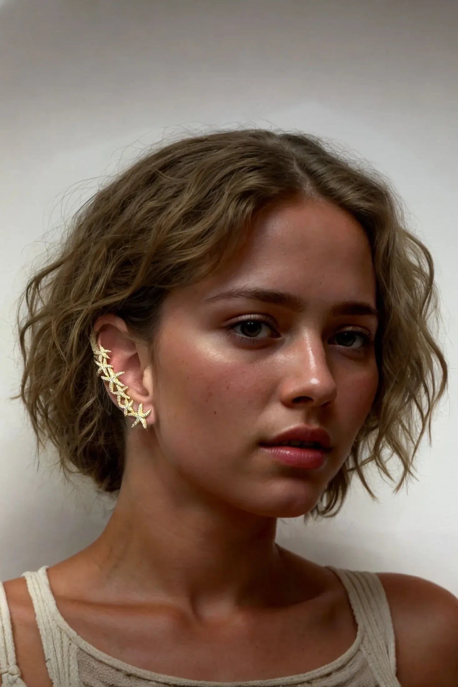 The earring worn by a model.