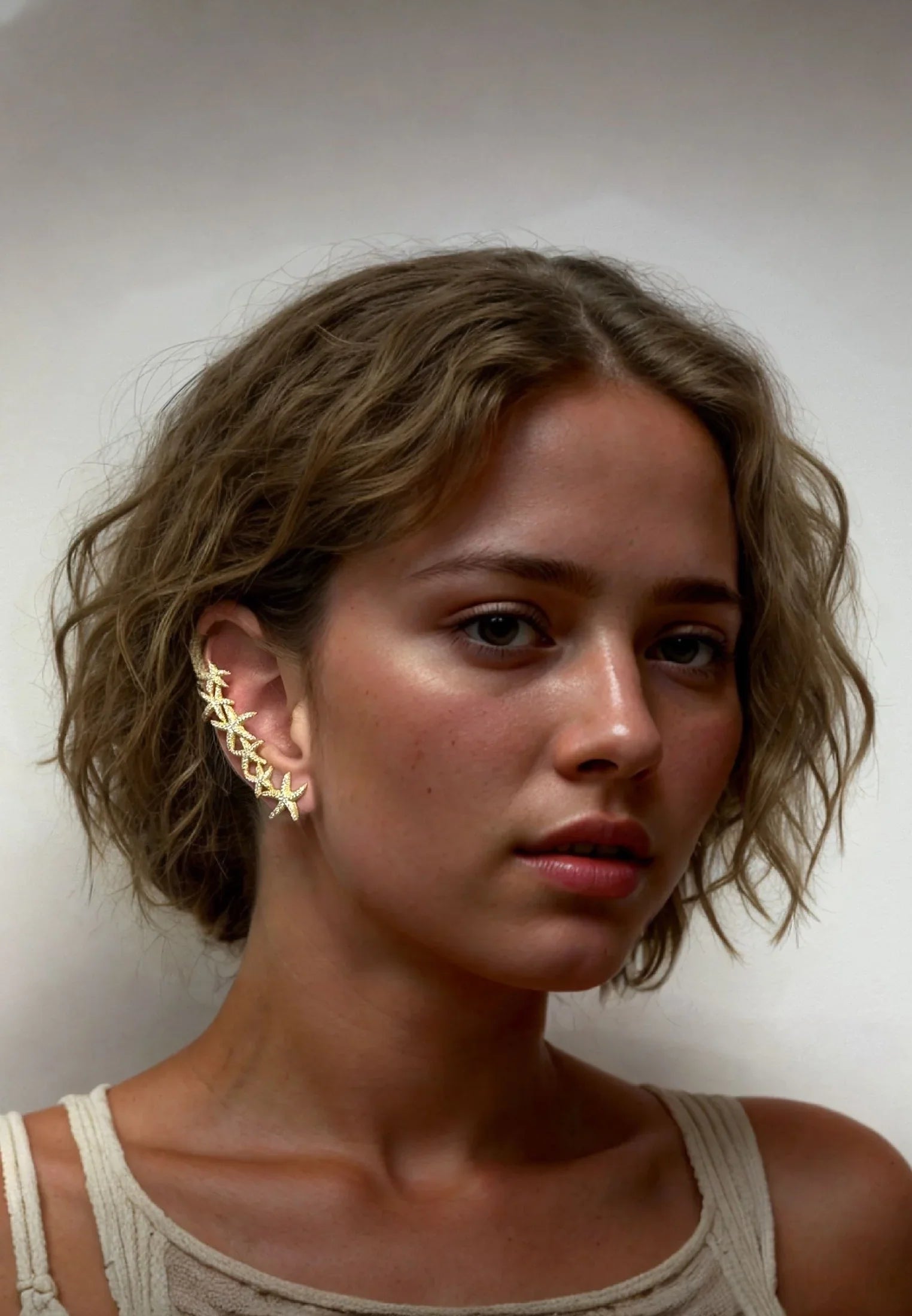 The earring worn by a model.