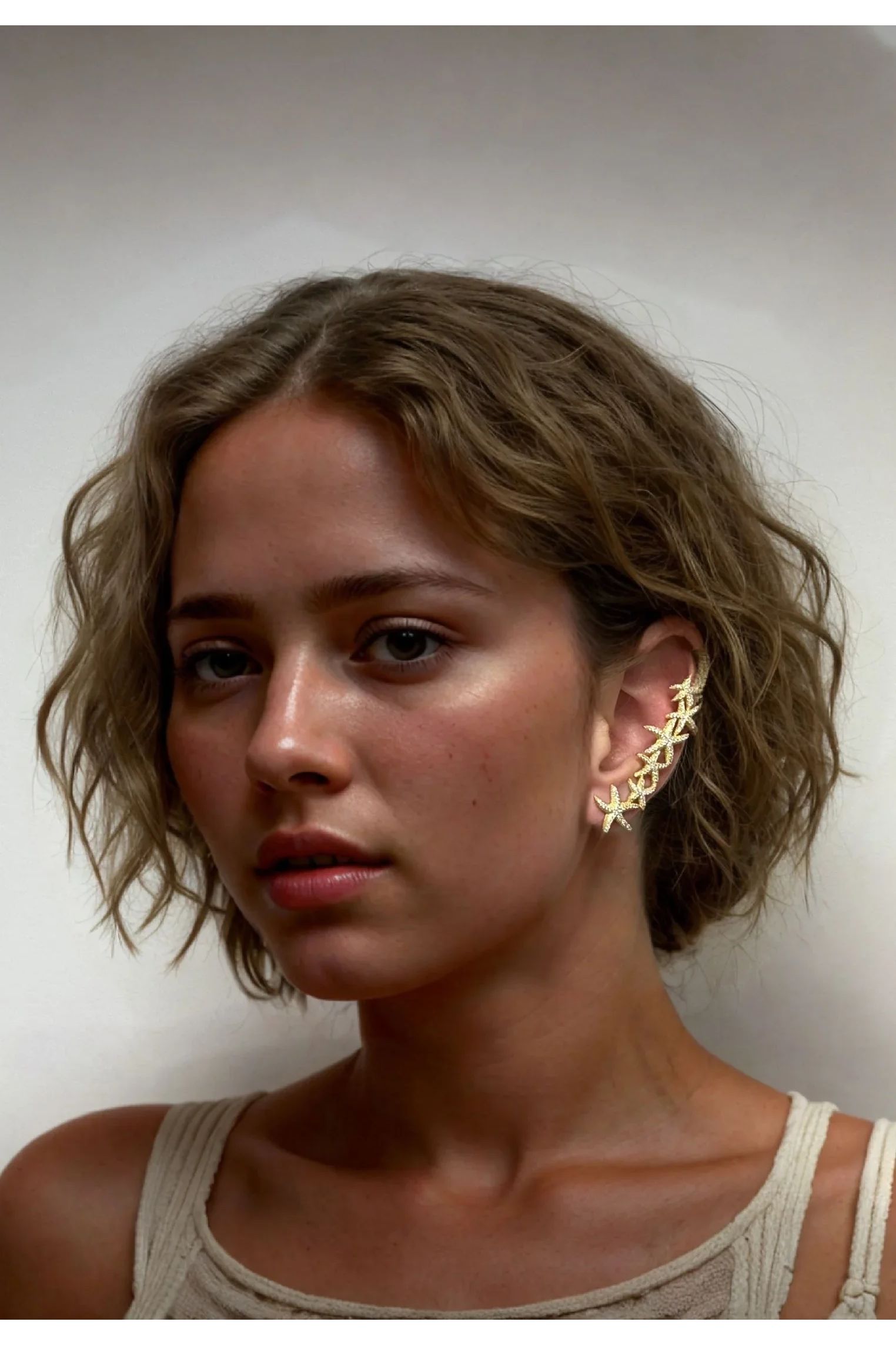 The earring worn by a model.