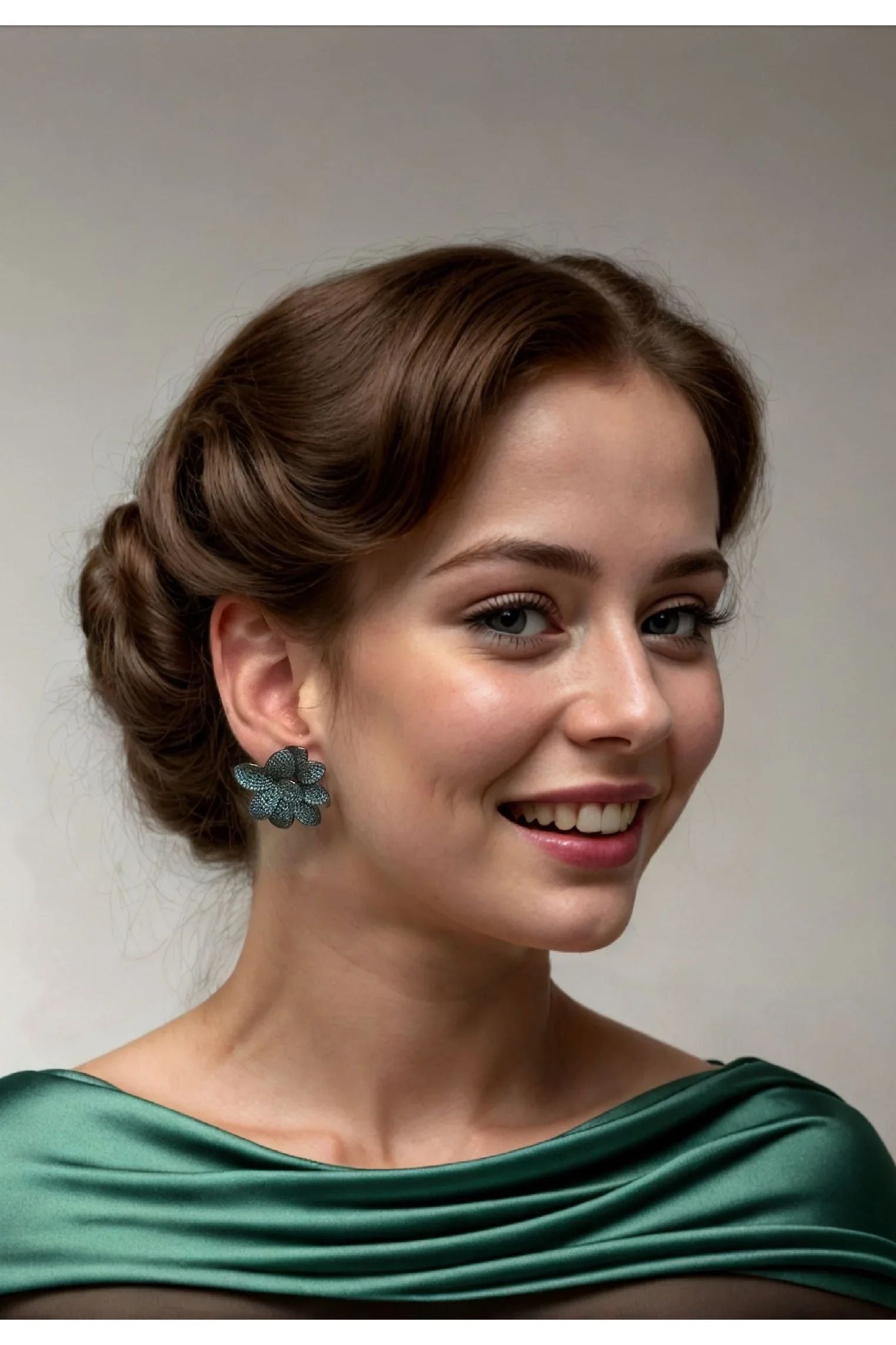 The earring worn by a model.