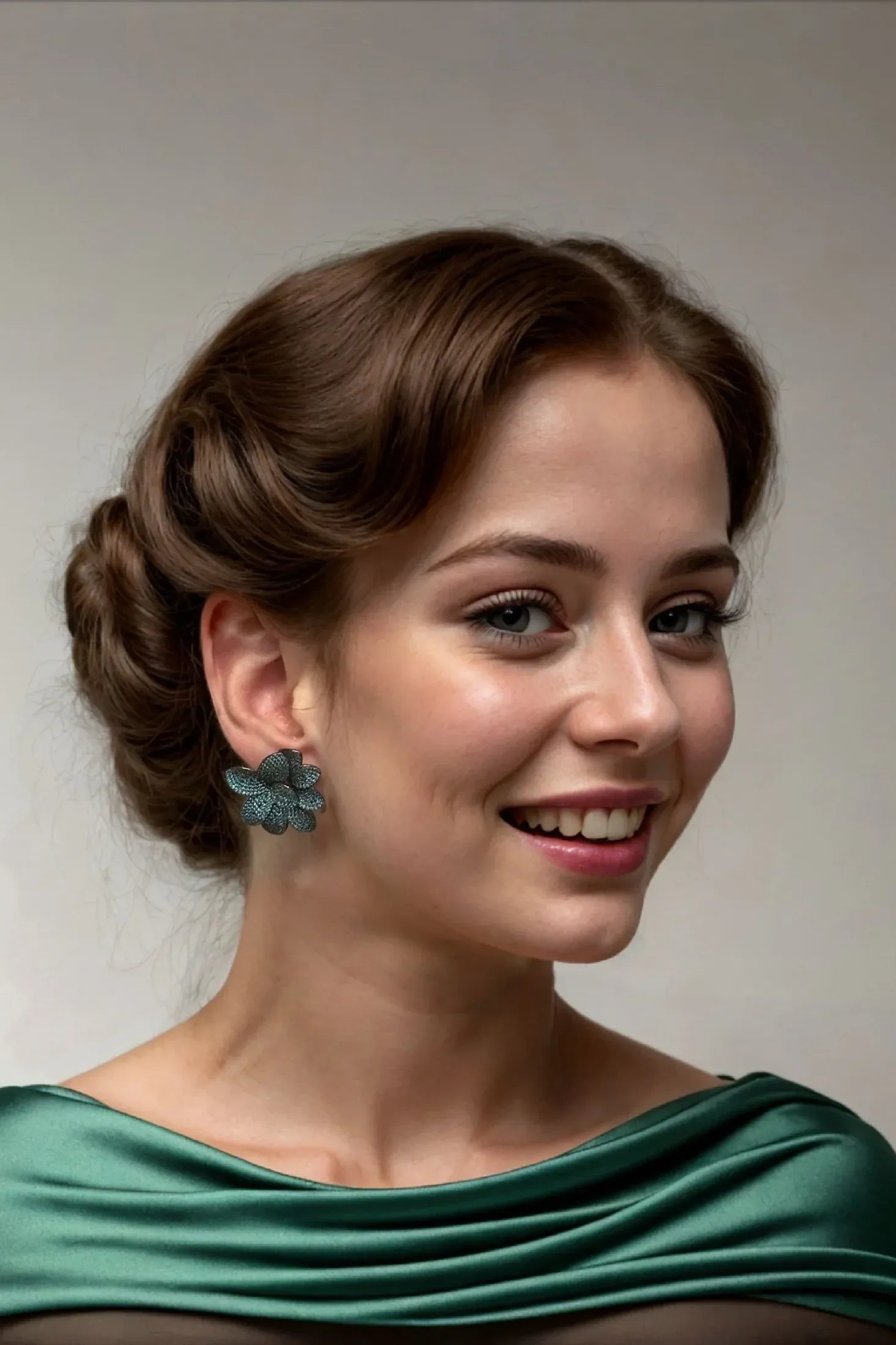 The earring worn by a model.