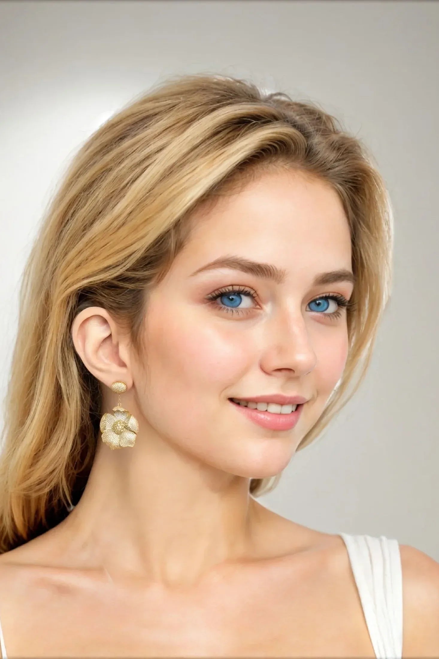The earring worn by a model.