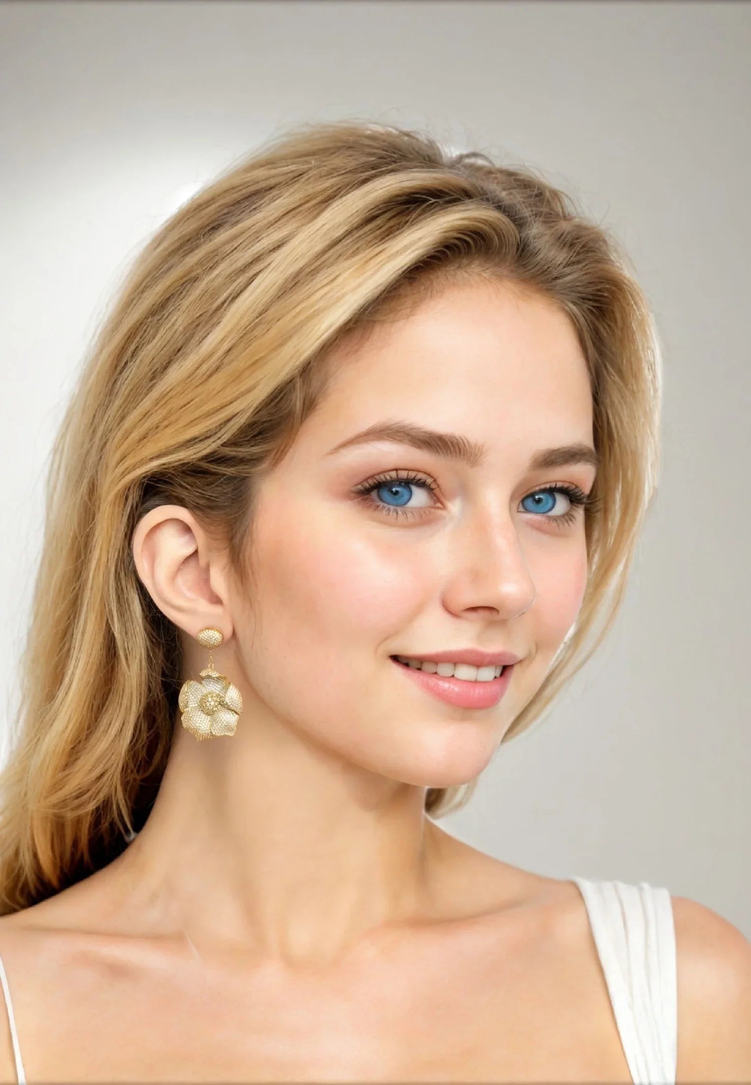 The earring worn by a model.