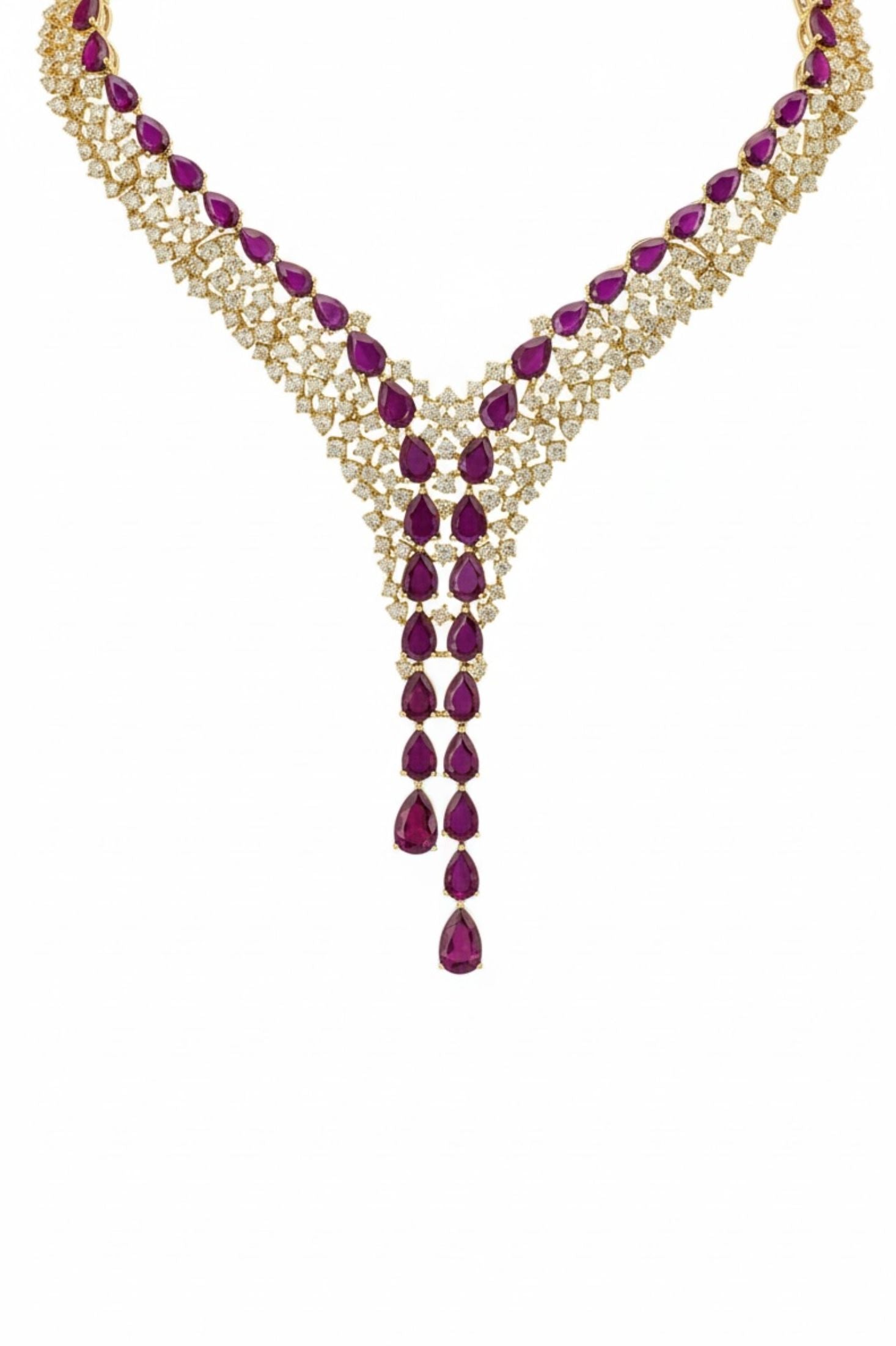 18k gold plated necklace with two rows of asymmetrically numbered teardrop rubies accompanied by clusters of simulated diamonds.