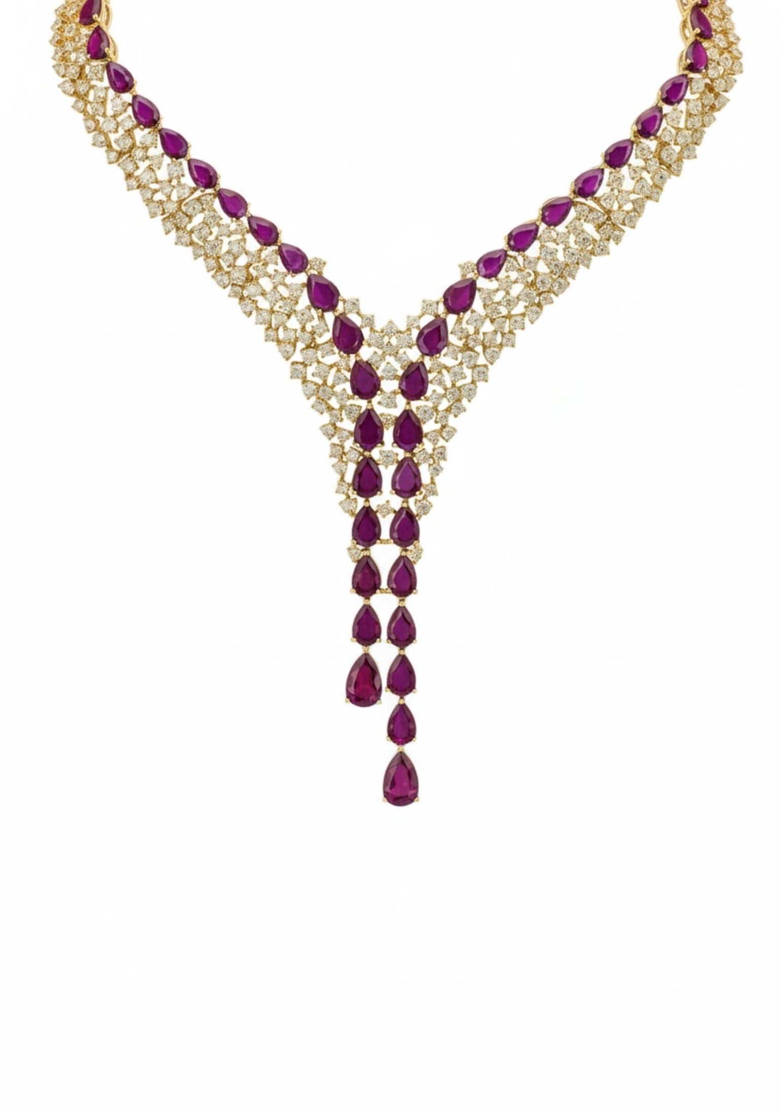 18k gold plated necklace with two rows of asymmetrically numbered teardrop rubies accompanied by clusters of simulated diamonds.