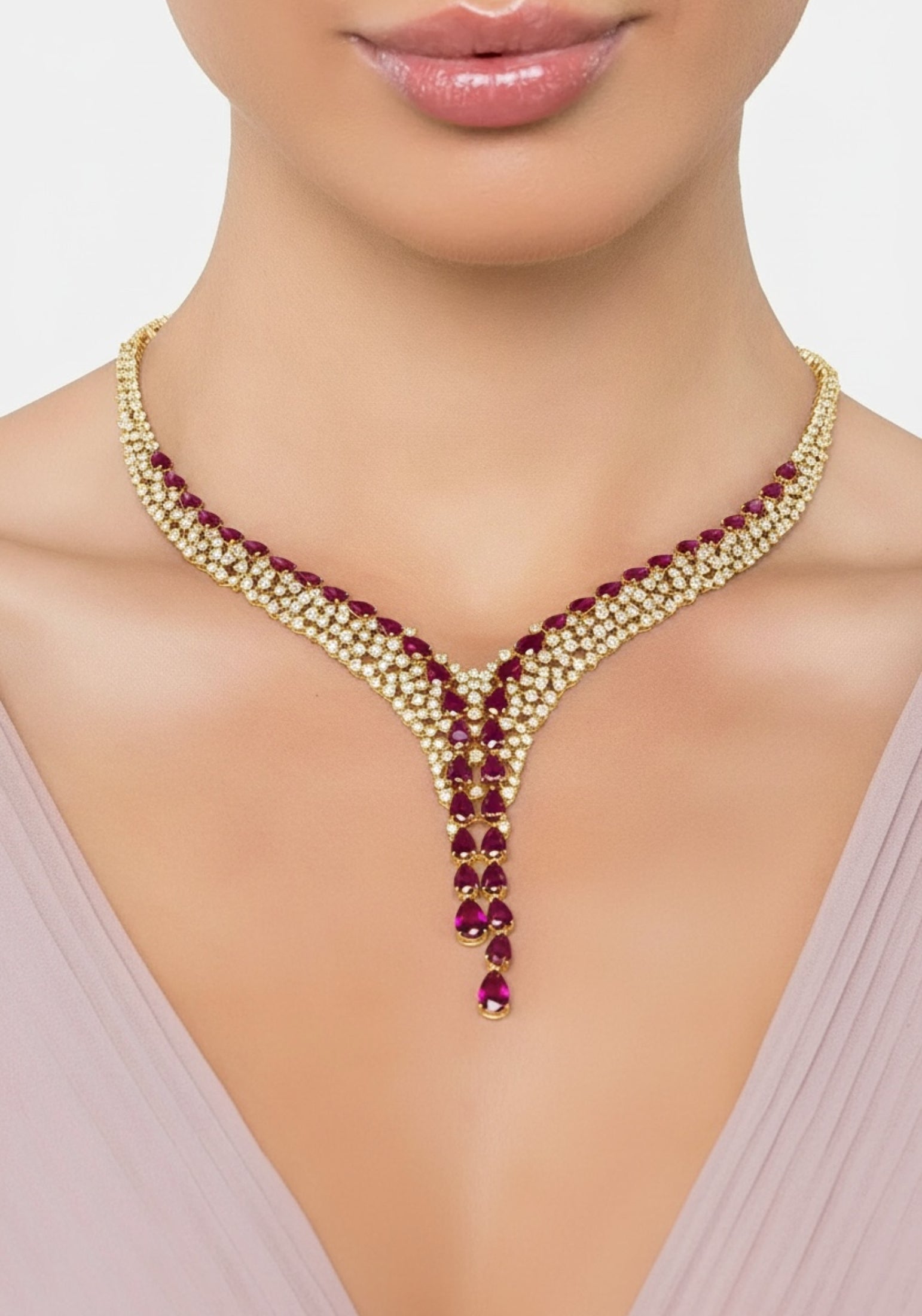 The necklace worn by a model.