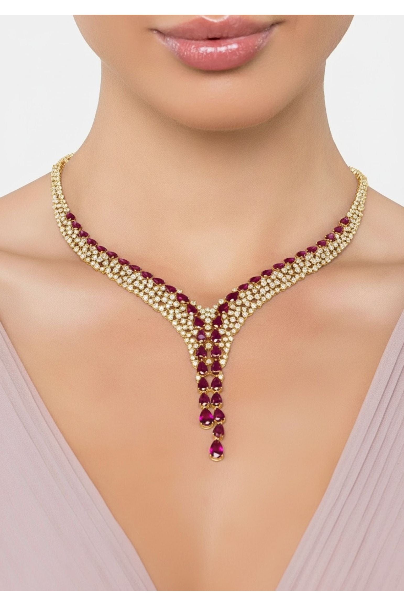 The necklace worn by a model.