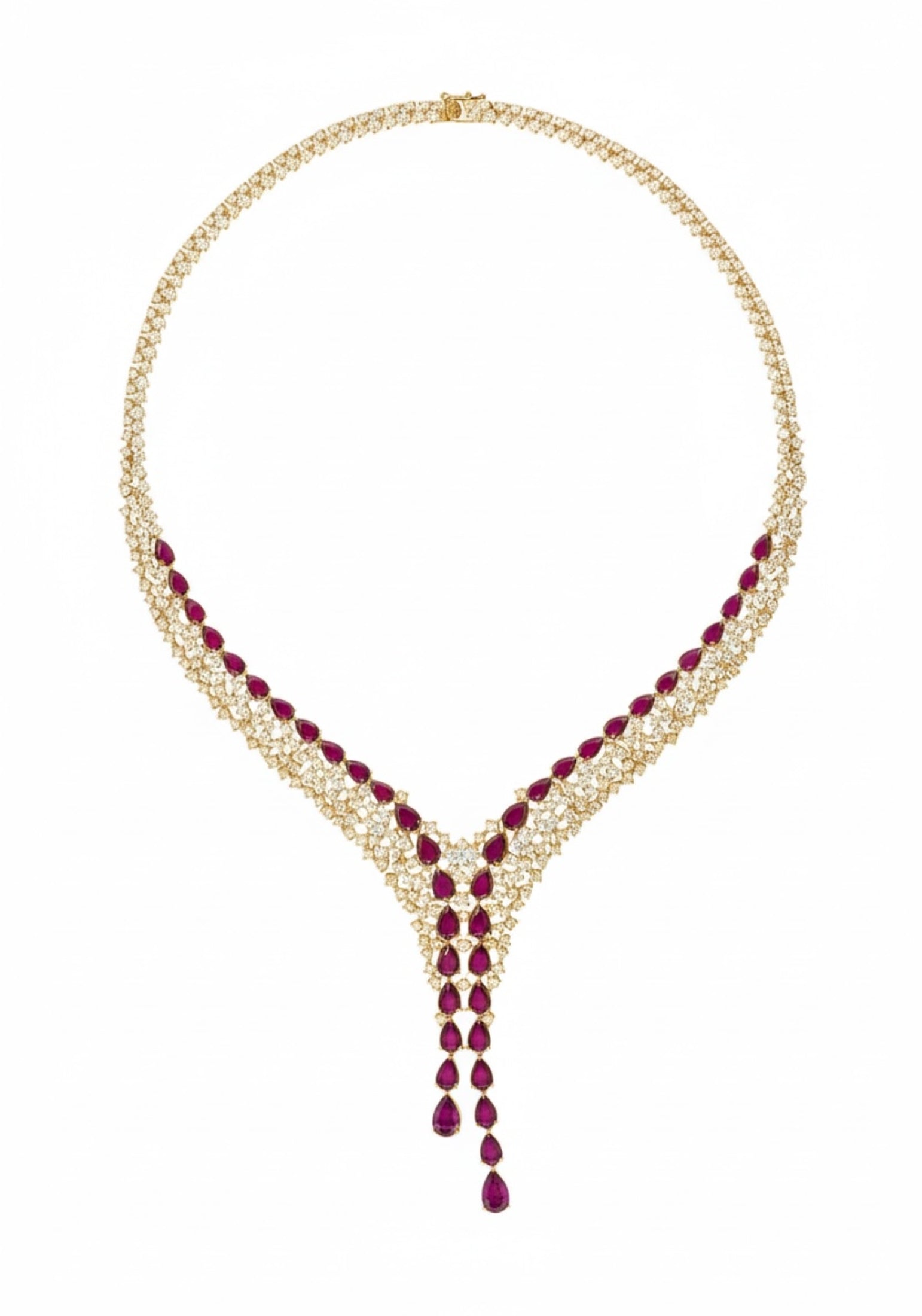 Ruby teardrops, diamond and gold necklace.