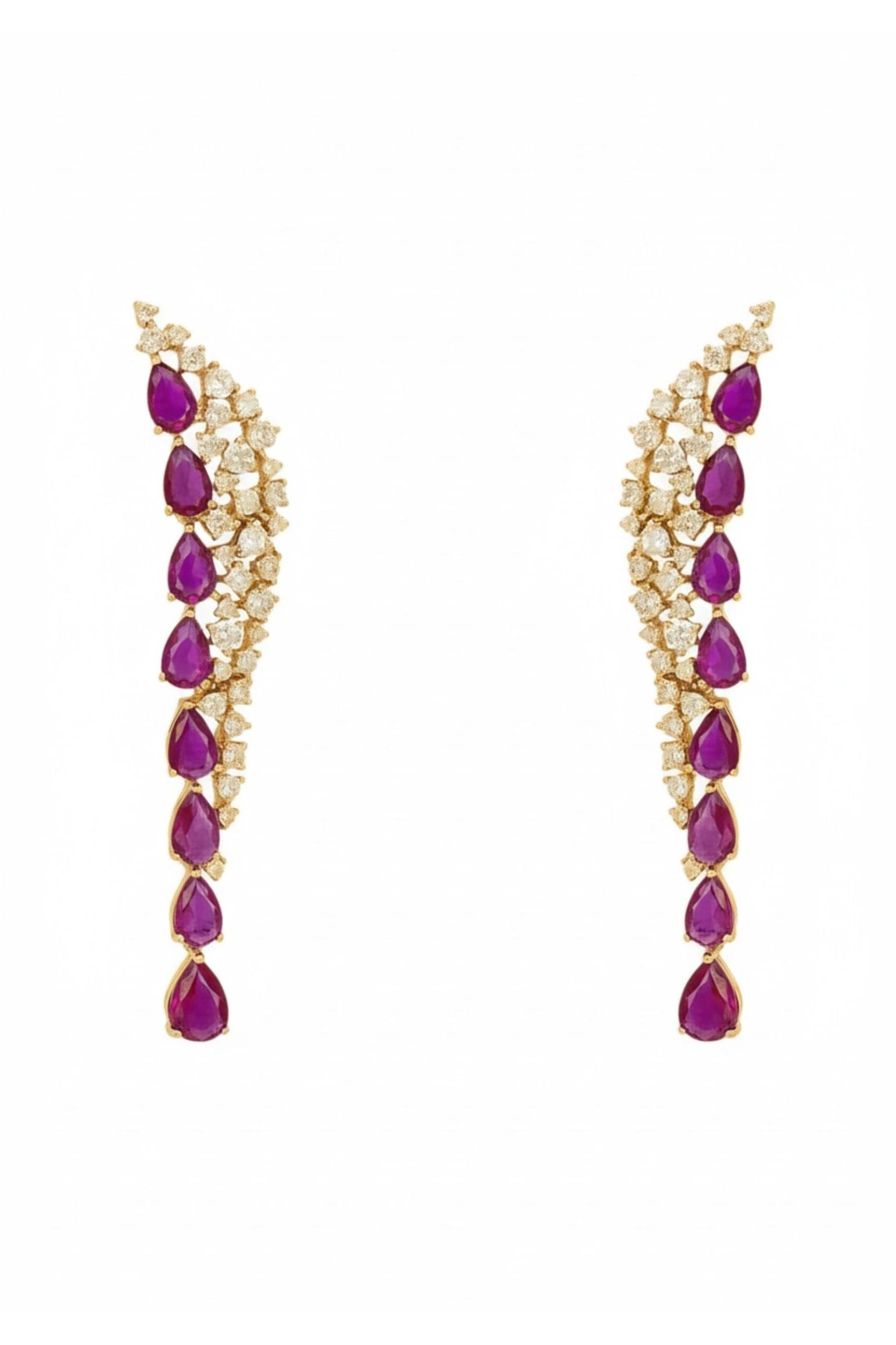 Ruby teardrops, diamond and gold earrings.