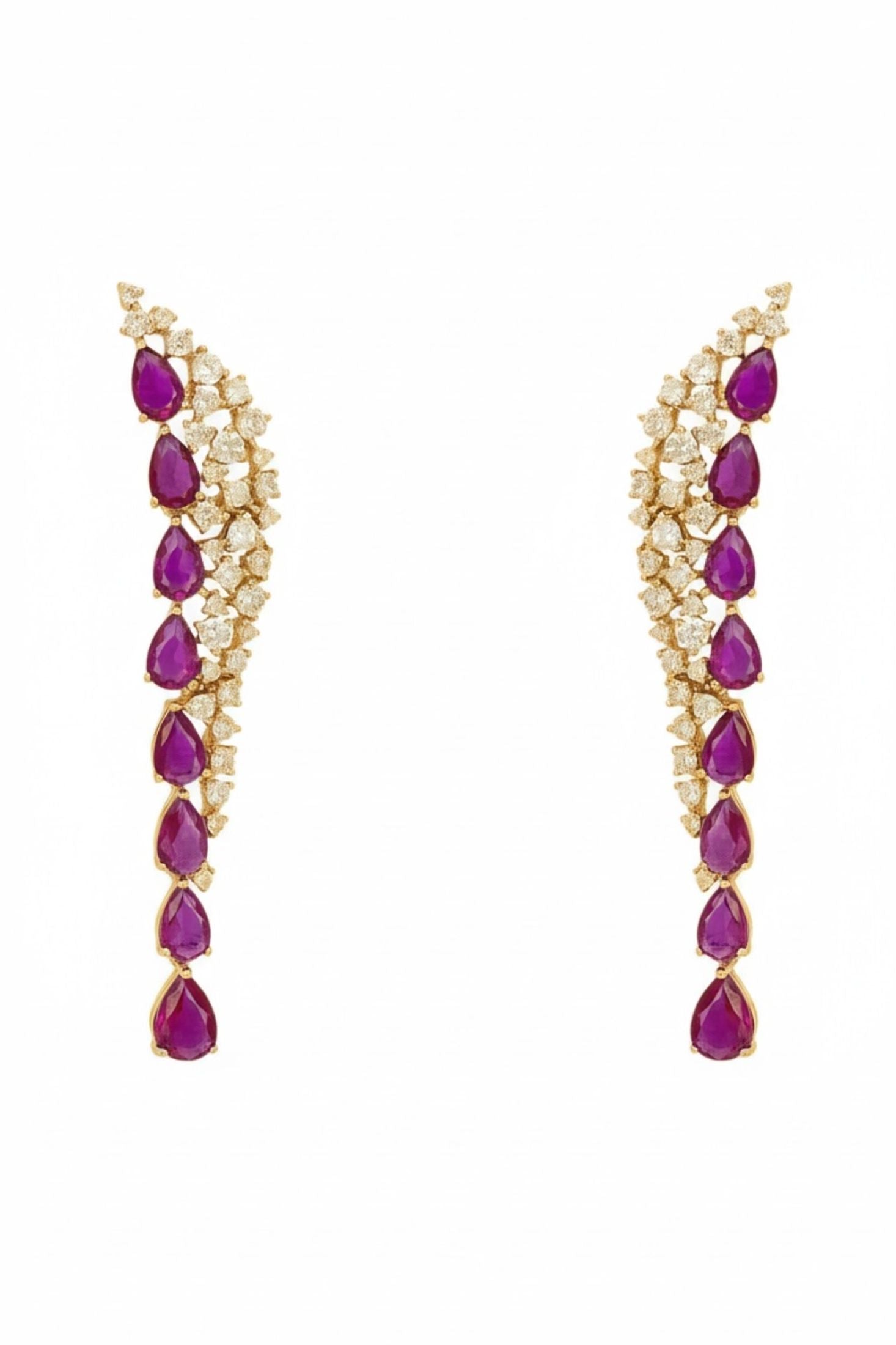 18k gold plated drop earrings with a row of teardrop rubies accompanied by a cluster of simulated diamonds.