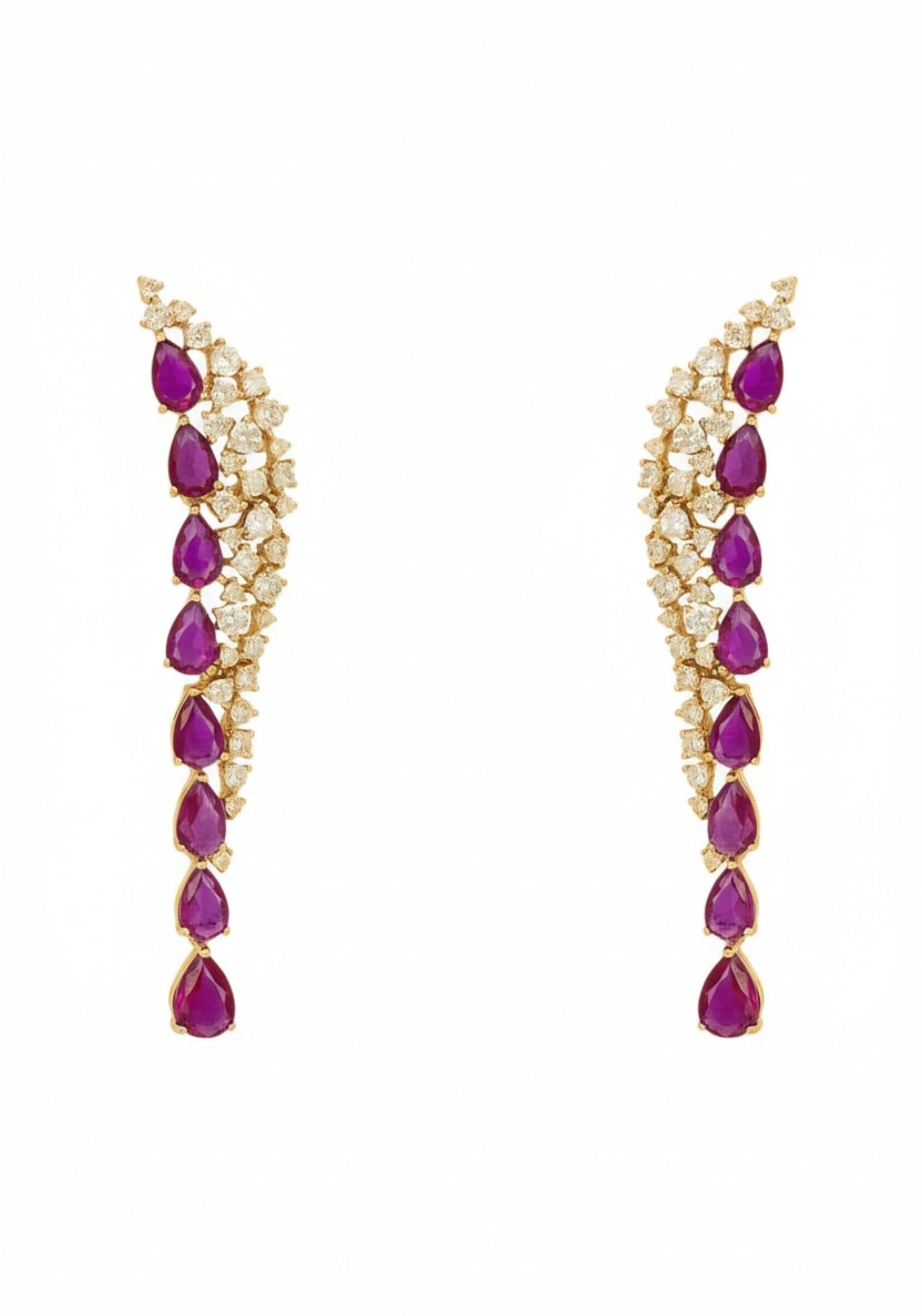 18k gold plated drop earrings with a row of teardrop rubies accompanied by a cluster of simulated diamonds.