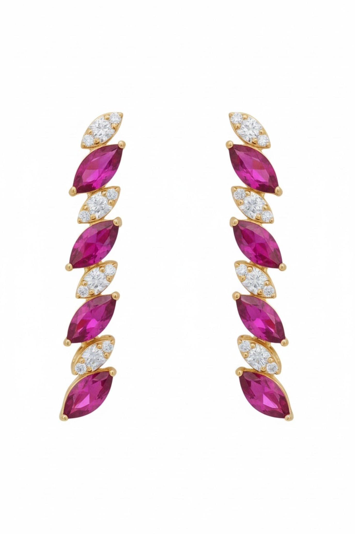 18k gold plated marquise cut tennis drop earrings with alternating rubies and simulated diamonds.