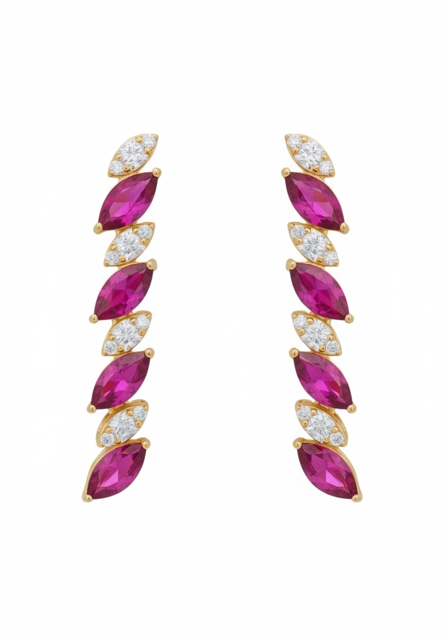 18k gold plated marquise cut tennis drop earrings with alternating rubies and simulated diamonds.