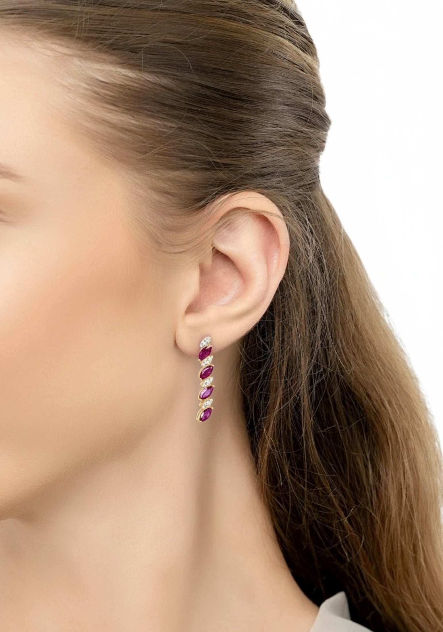 The earring worn by a model.