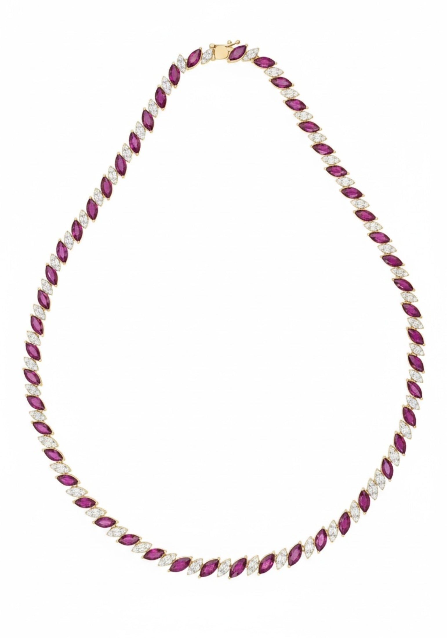 Full view showing the open box clasp and the row of gemstones leading up to it.