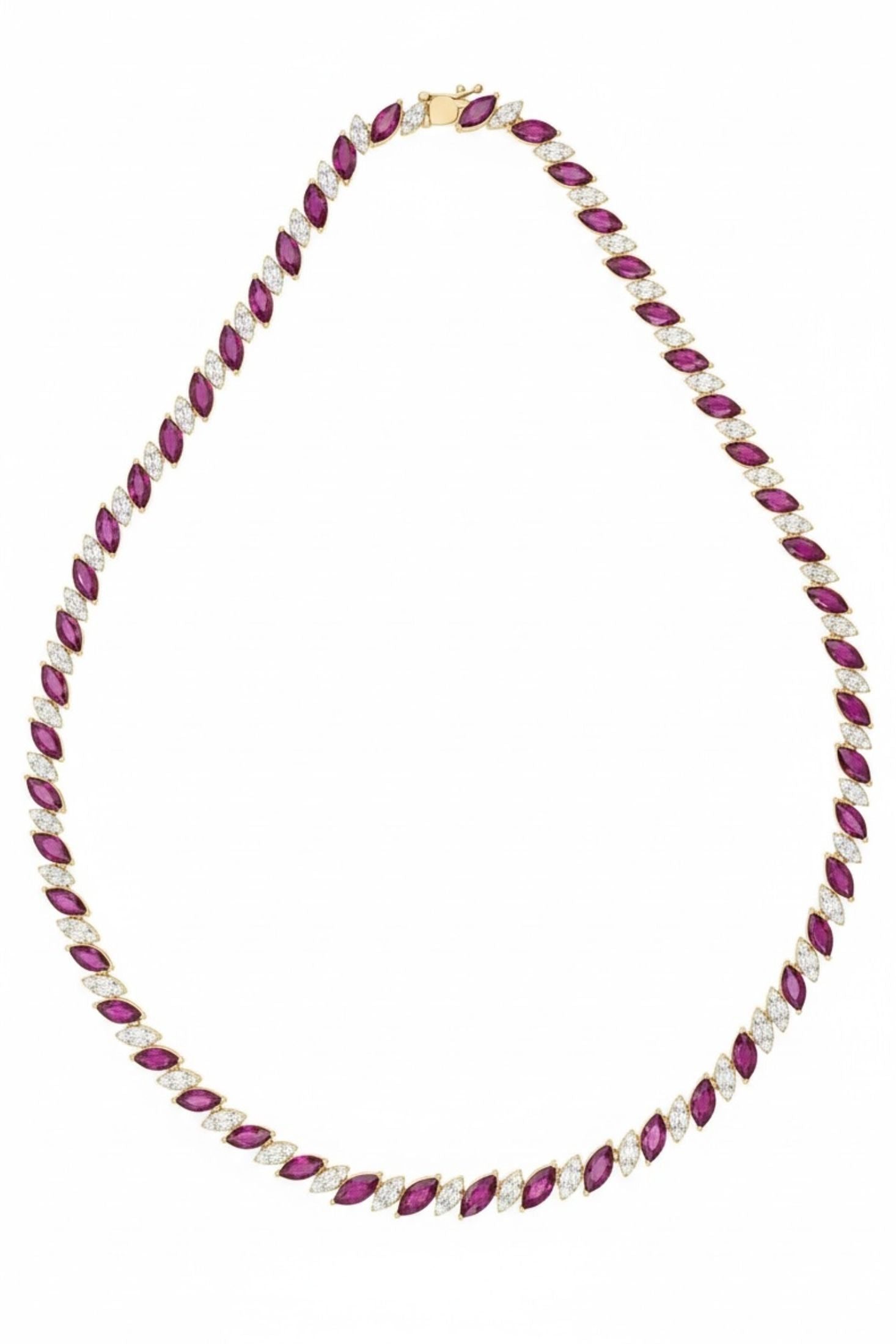Full view showing the open box clasp and the row of gemstones leading up to it.
