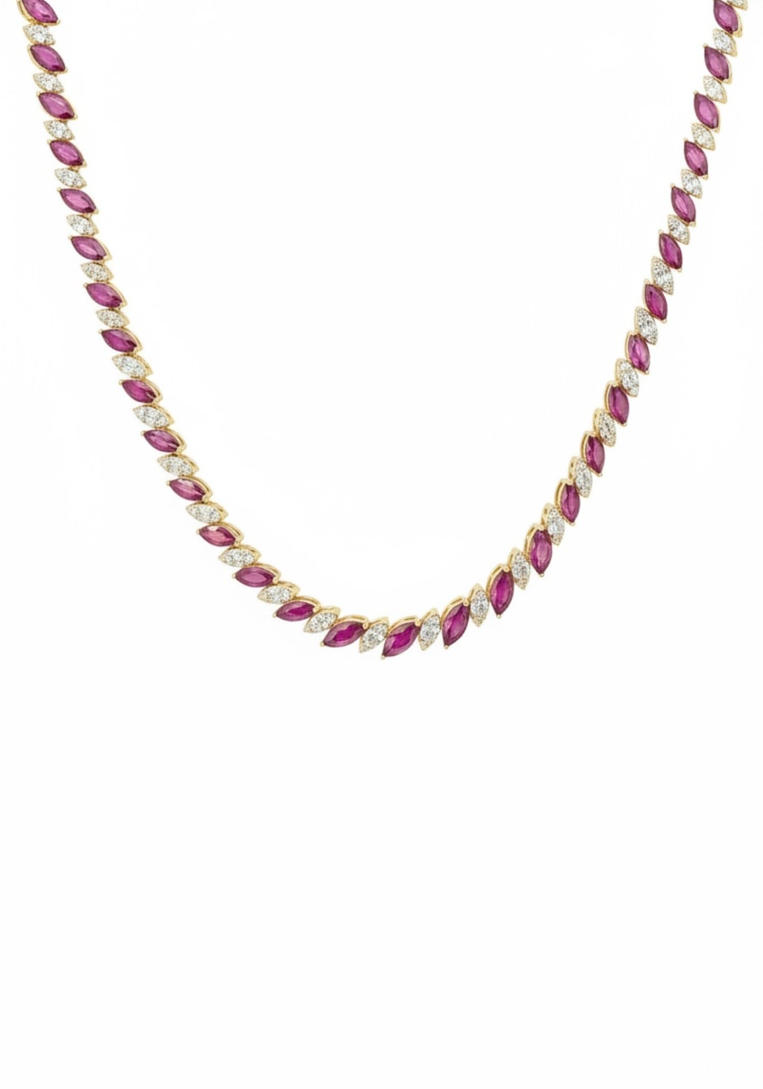 18k gold plated marquise cut tennis necklace with alternating rubies and simulated diamonds.