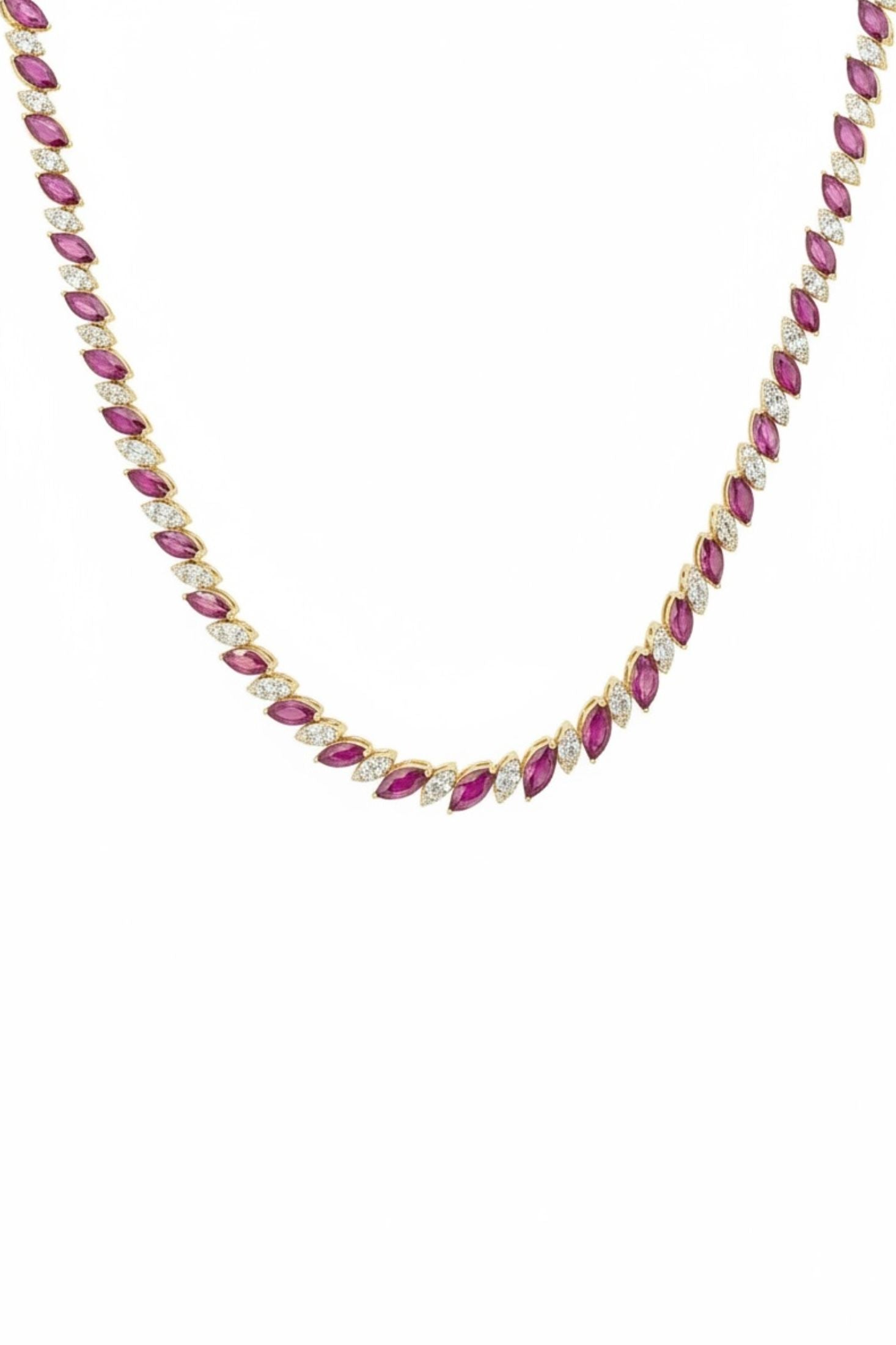 18k gold plated marquise cut tennis necklace with alternating rubies and simulated diamonds.