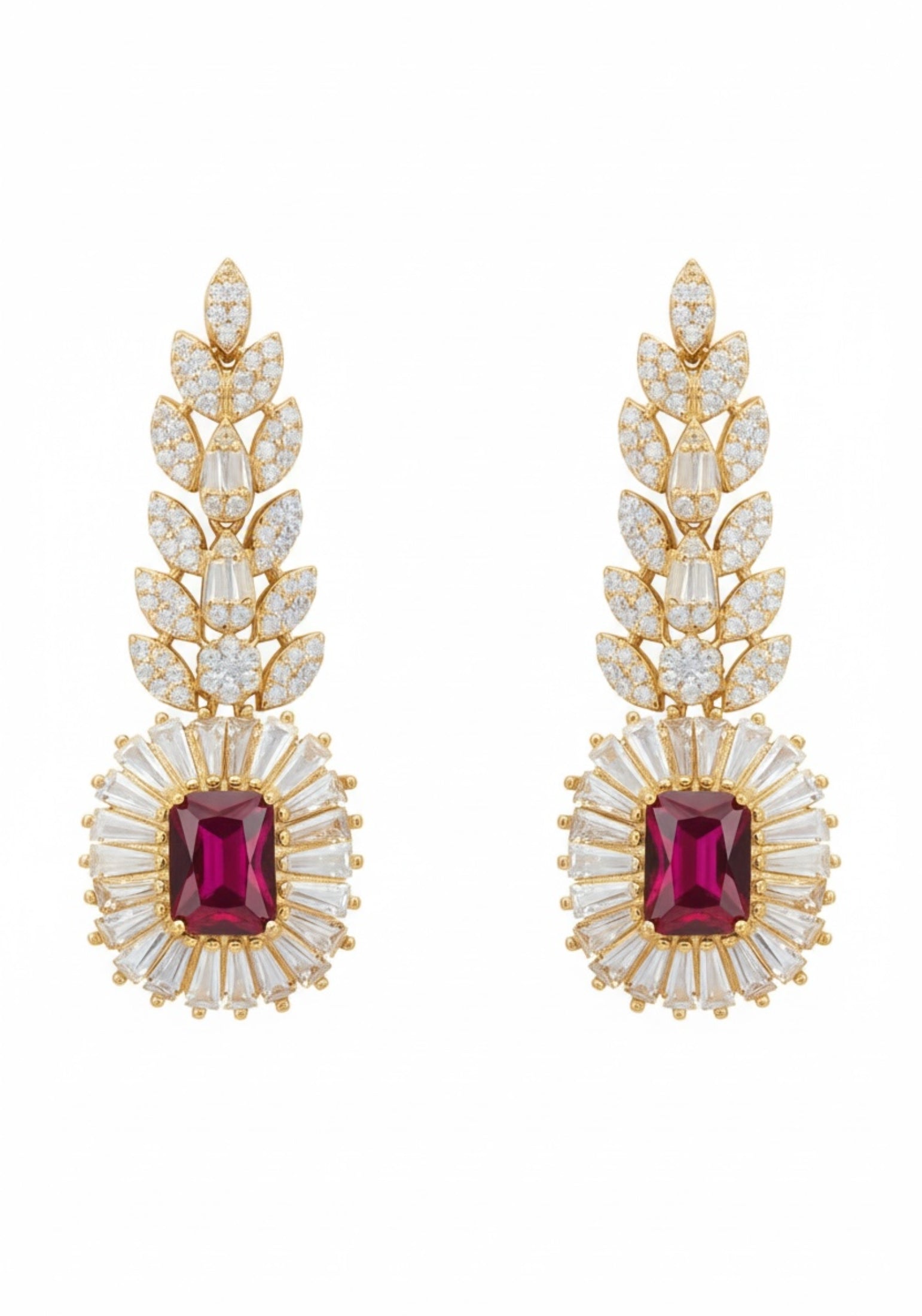 Floral ruby and diamond drop earrings.